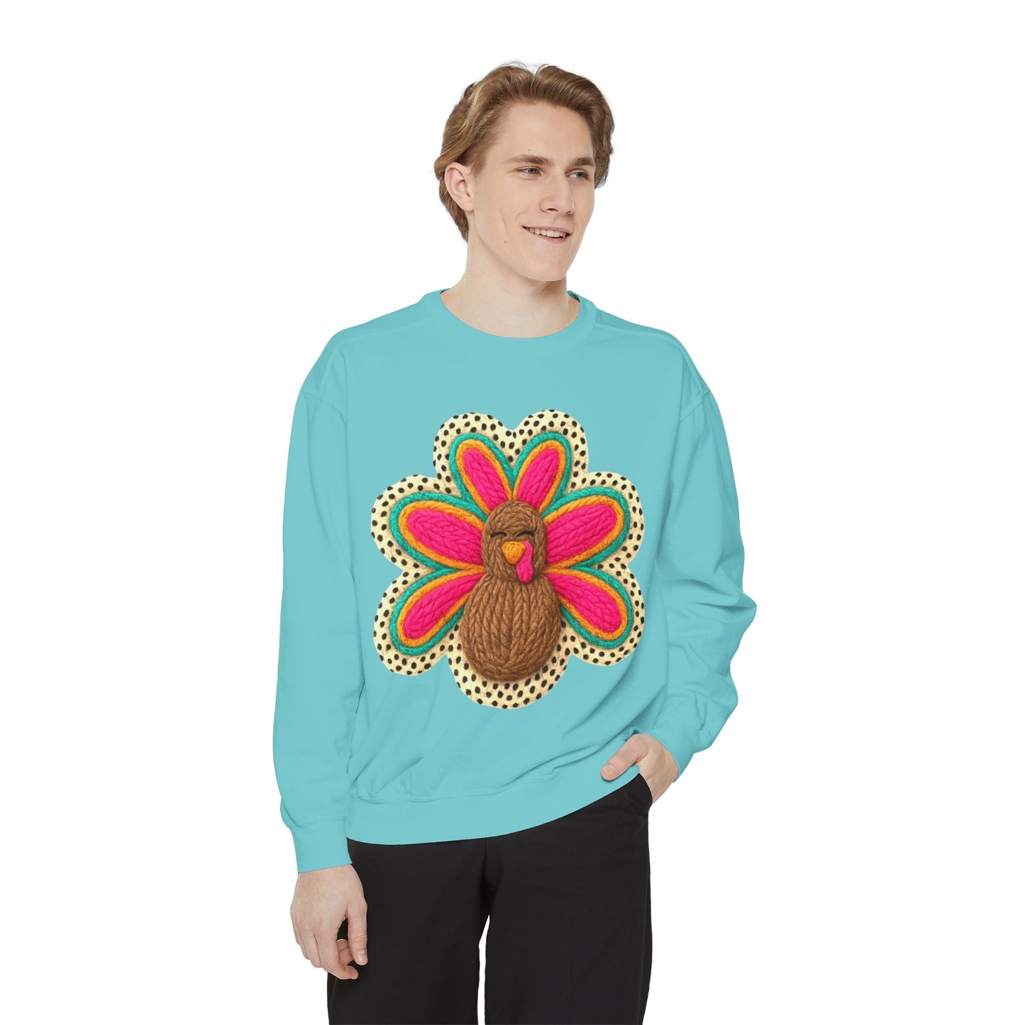 Festive Holiday Designs Turkey Patch Sweatshirt — Colorful Embroidered Thanksgiving Pullover