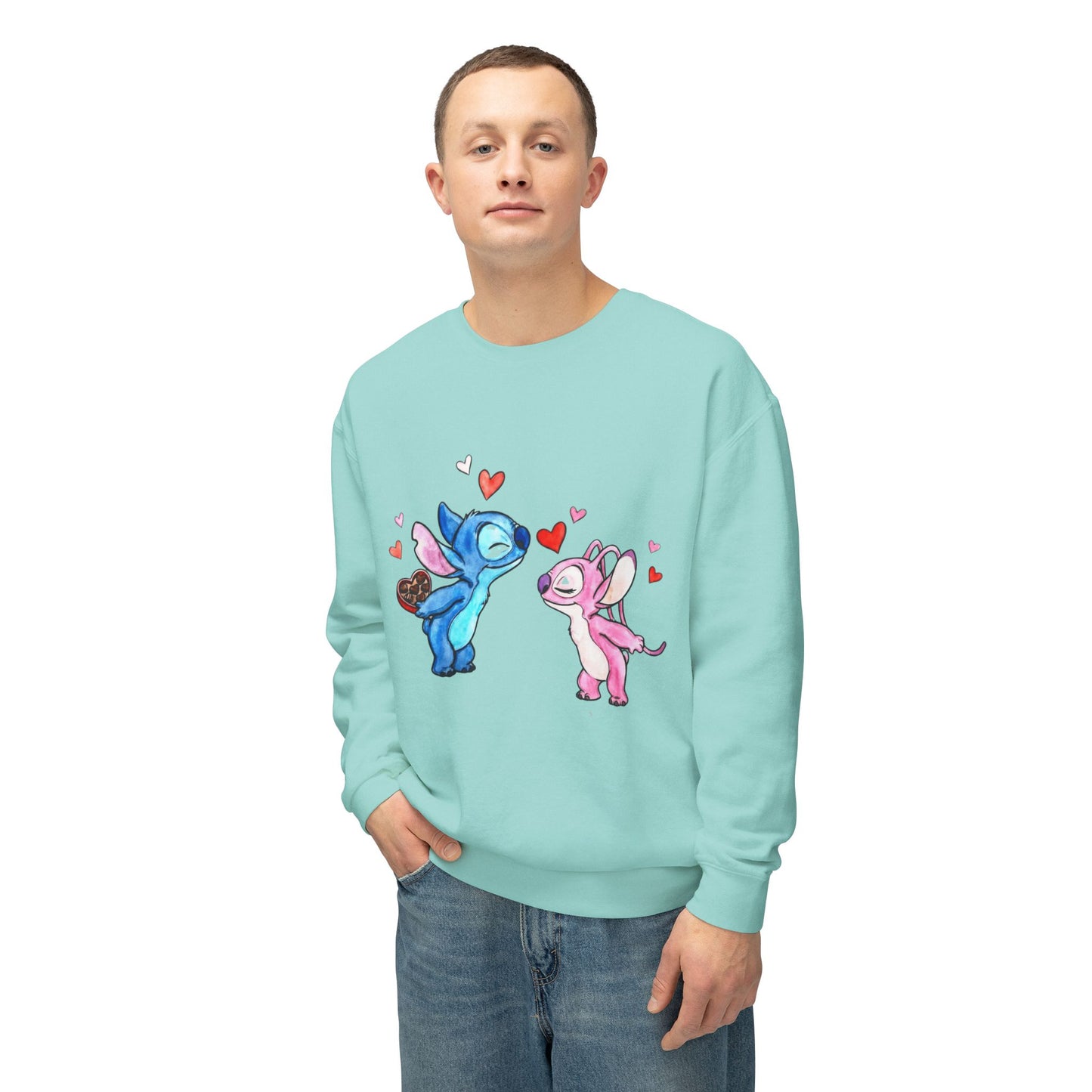 Cute Stitch Valentine Sweatshirt — Blue & Pink Love Characters with Hearts