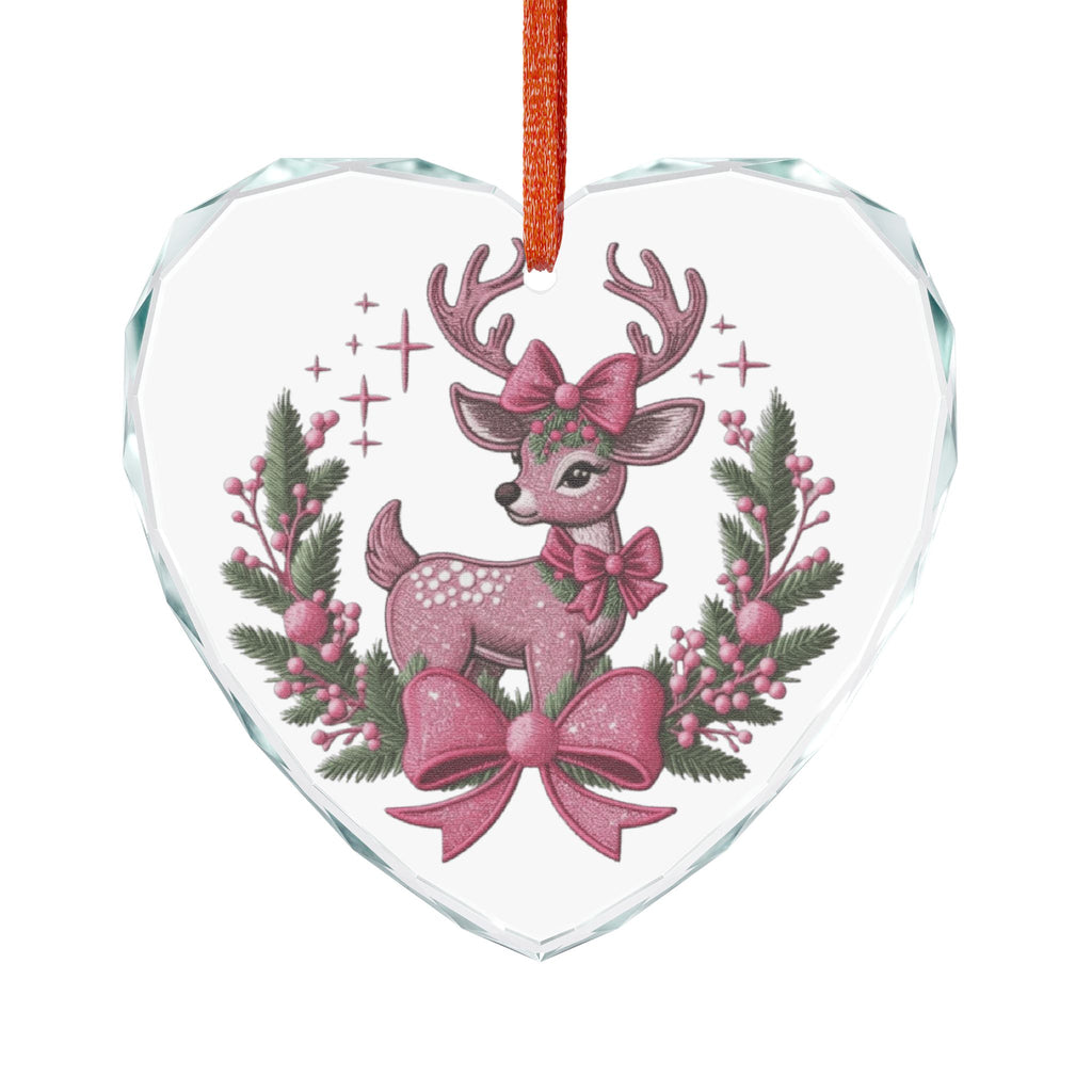 Crystal Heart Ornament — Pink Reindeer with Bows Christmas Decoration