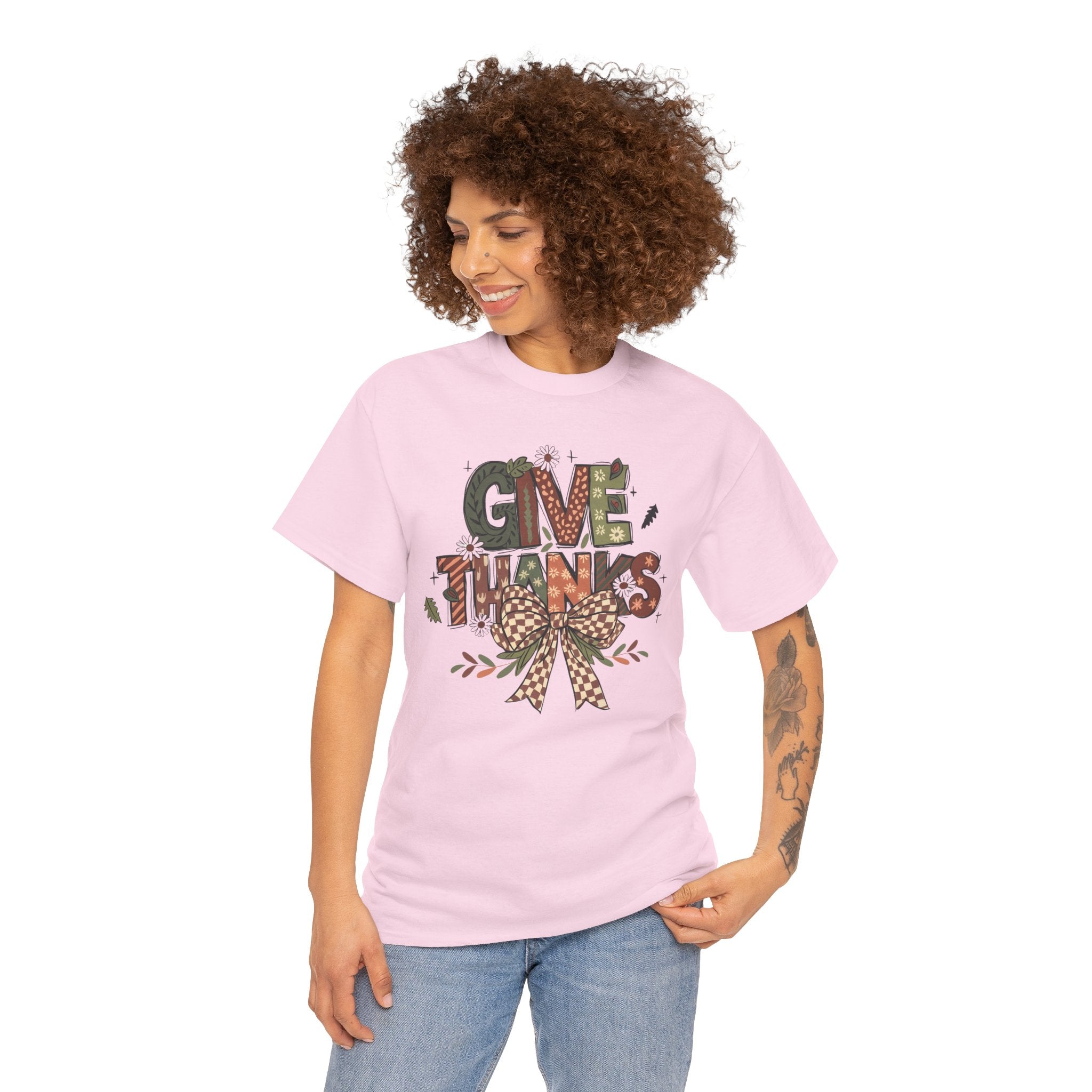 Give Thanks Tee Thanksgiving Graphic T-Shirt with Rustic Bow Design