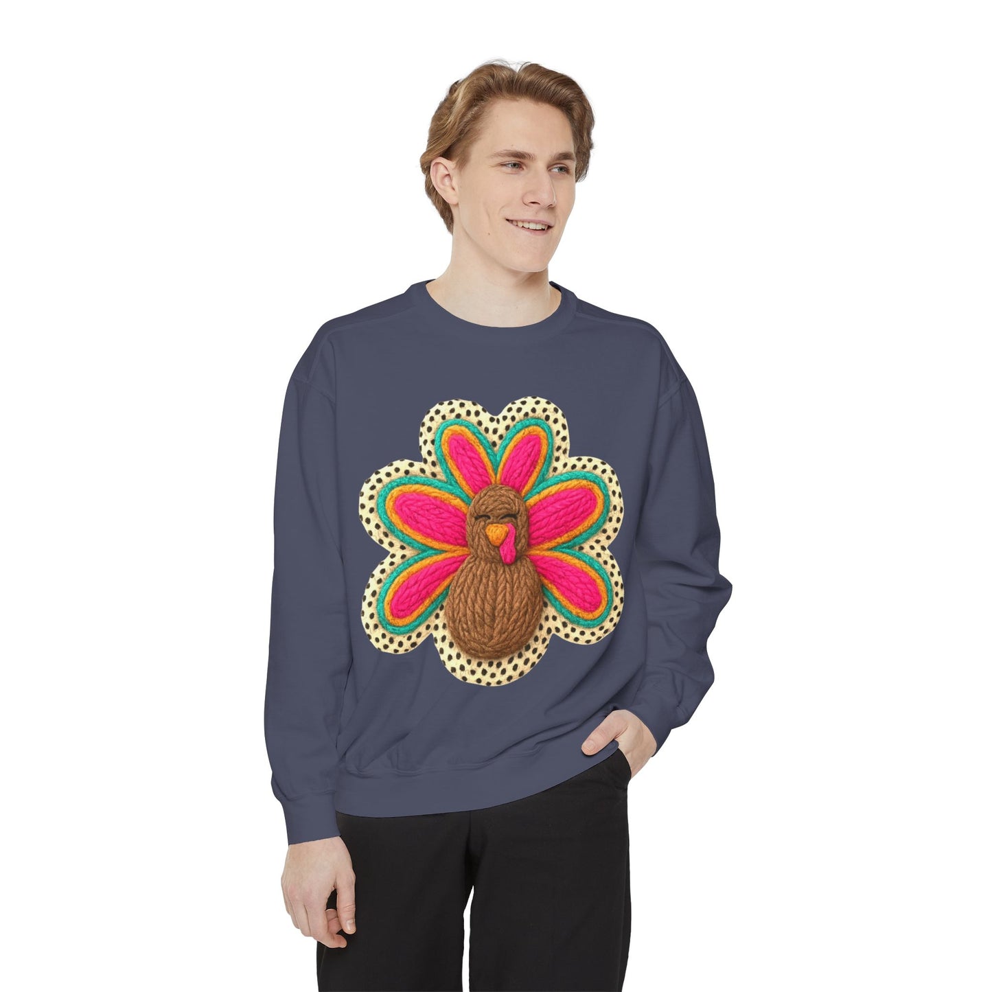 Festive Holiday Designs Turkey Patch Sweatshirt — Colorful Embroidered Thanksgiving Pullover