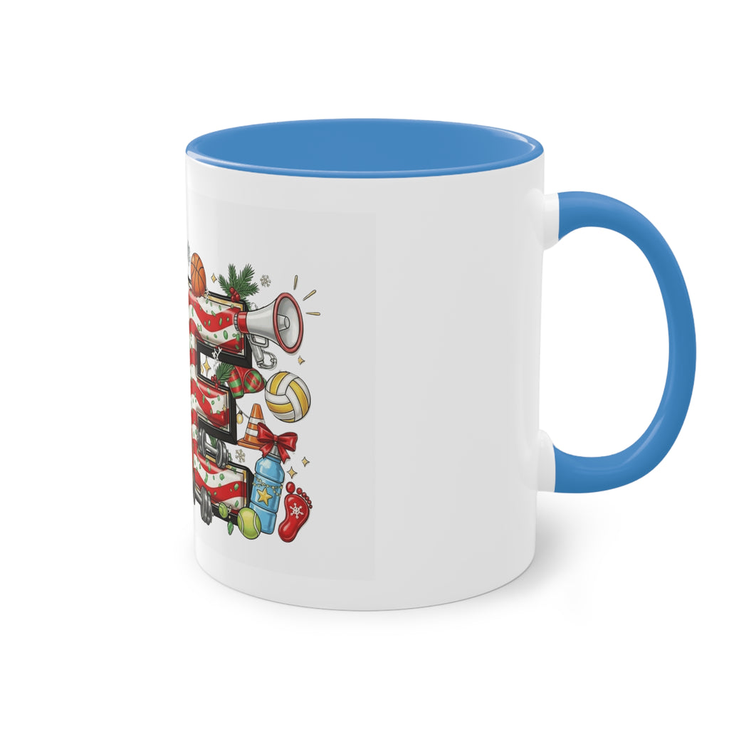 Holiday Sports Mom Coffee Mug Festive 'PE' Candy-Stripe Design, 11oz Two-Tone School Staff Christmas Mug Collection,