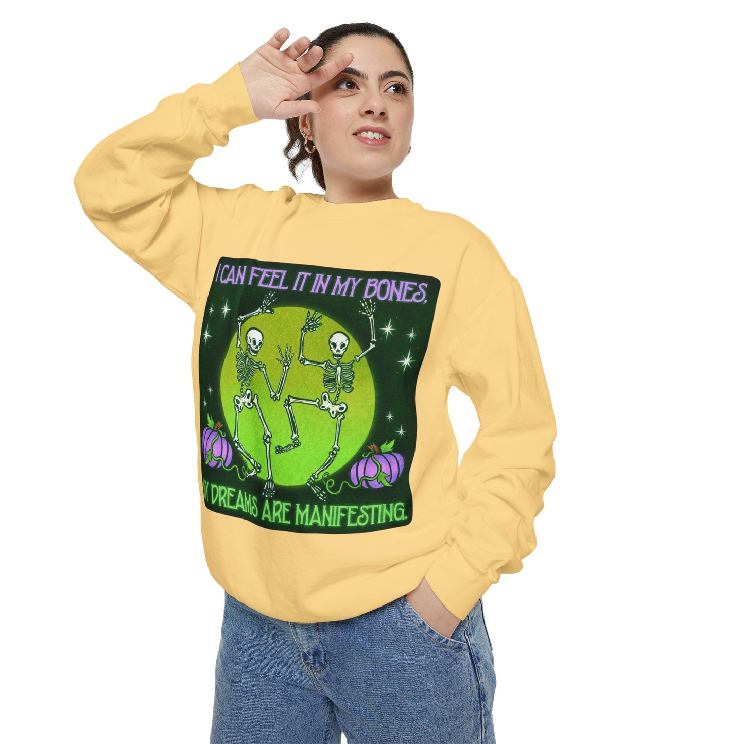 Spooky Manifesting Sweatshirt, Unisex Skeleton Pullover, Halloween Apparel, Cozy Fall Fashion, Casual Trendy Top, Unique Gift
