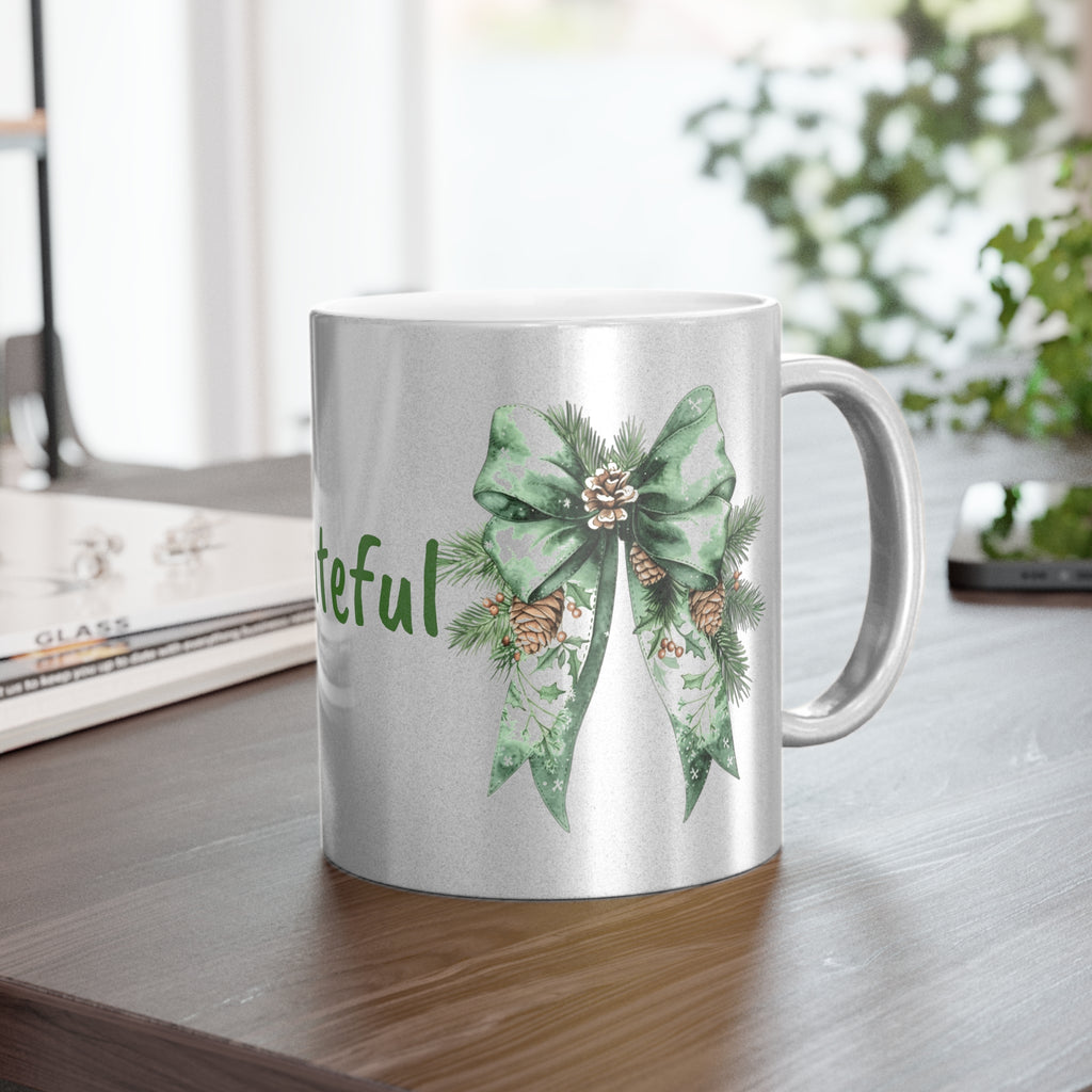 Grateful Holiday Metallic Mug - Silver/Gold with Festive Bow Design