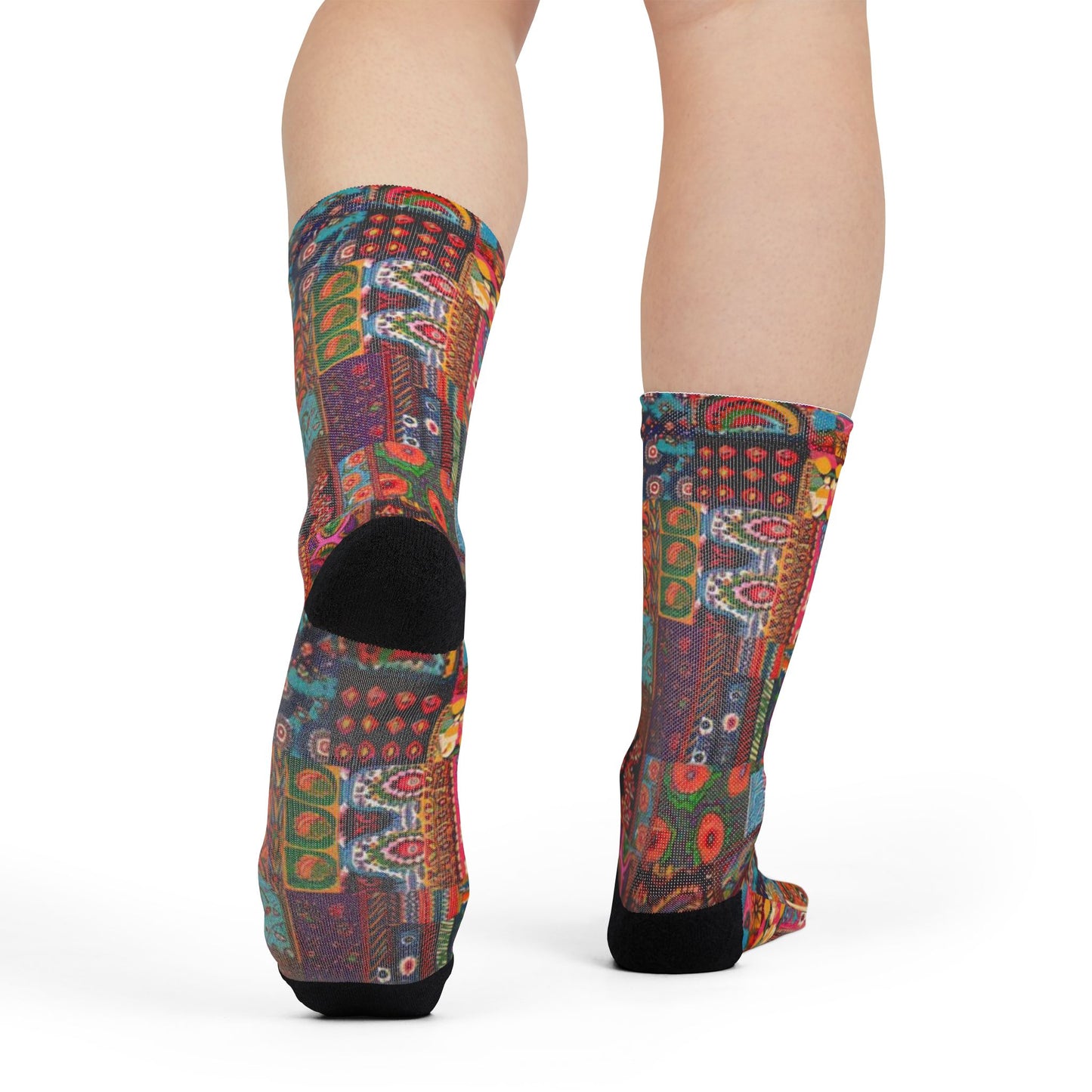 Colorful Patchwork Crew Socks Vibrant Boho Sublimation Design