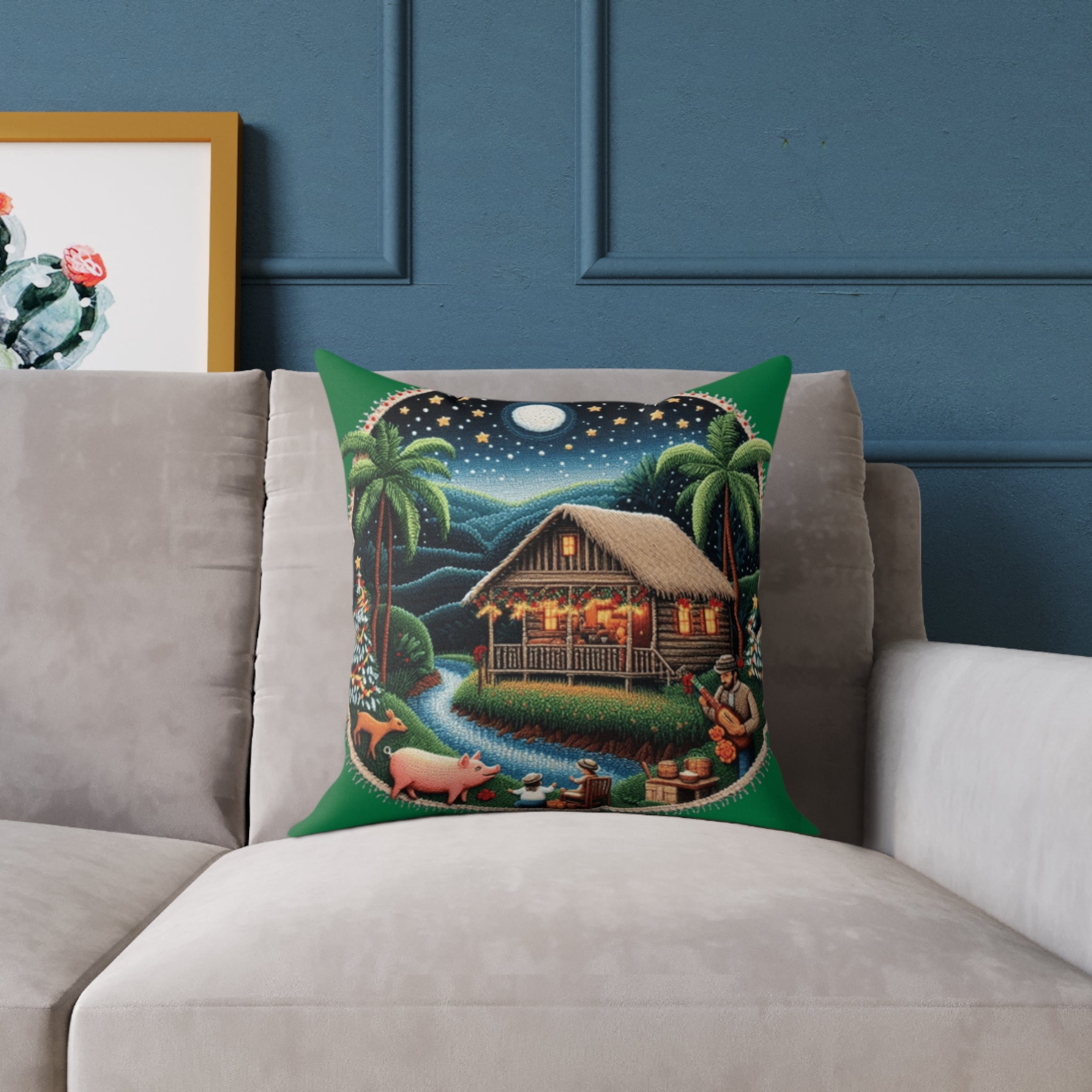 Island Night Cottage Pillow  Tropical Moonlit Cabin Throw Pillow Puerto Rico Culture Pillow