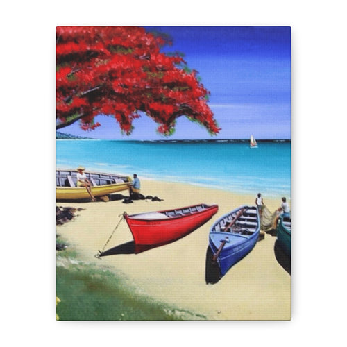 Beach Canoes Canvas Wall Art Tropical Seaside Landscape Matte Stretched Canvas