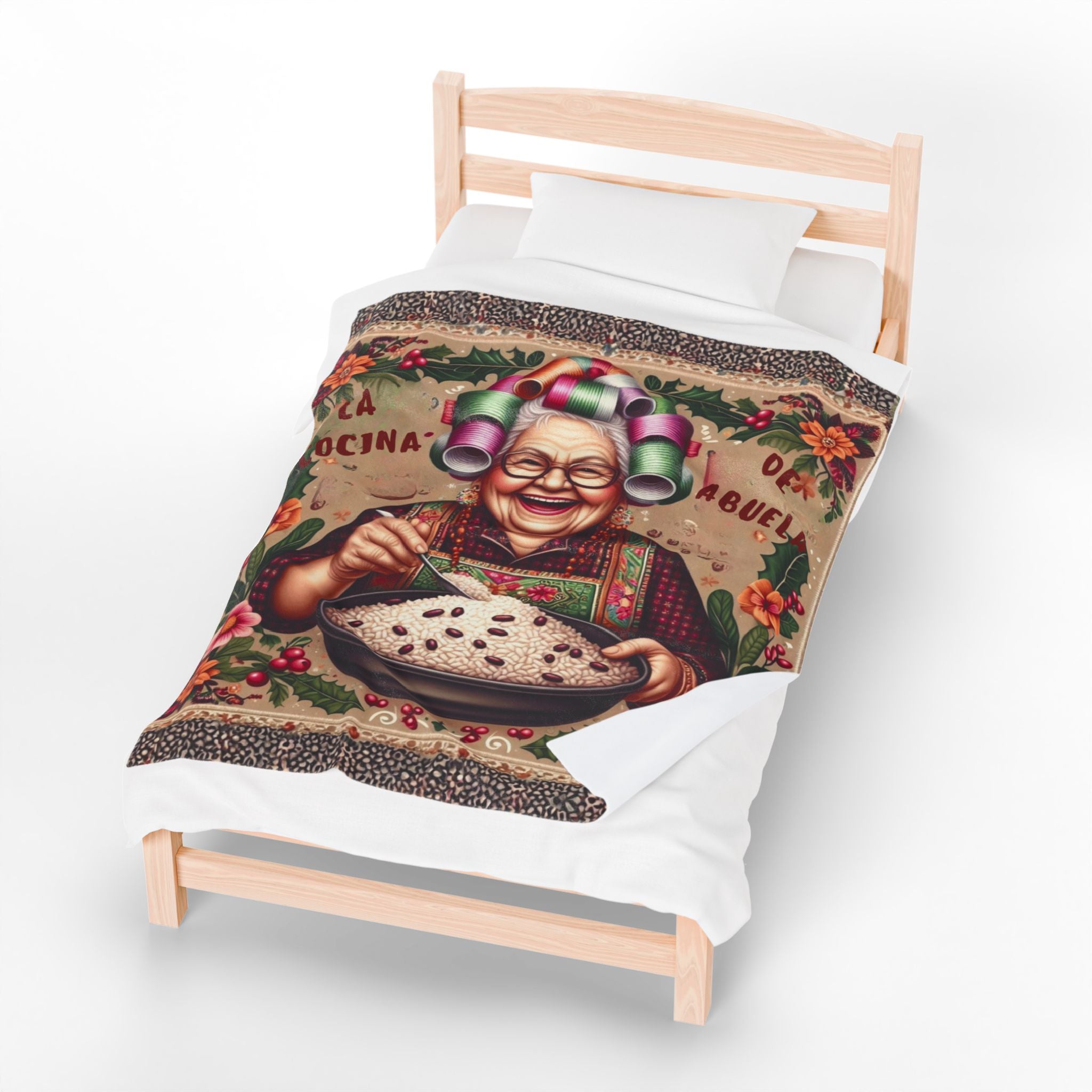 Grandma’s Cocina Velveteen Plush Blanket —Abuela Cooking Illustration Throw