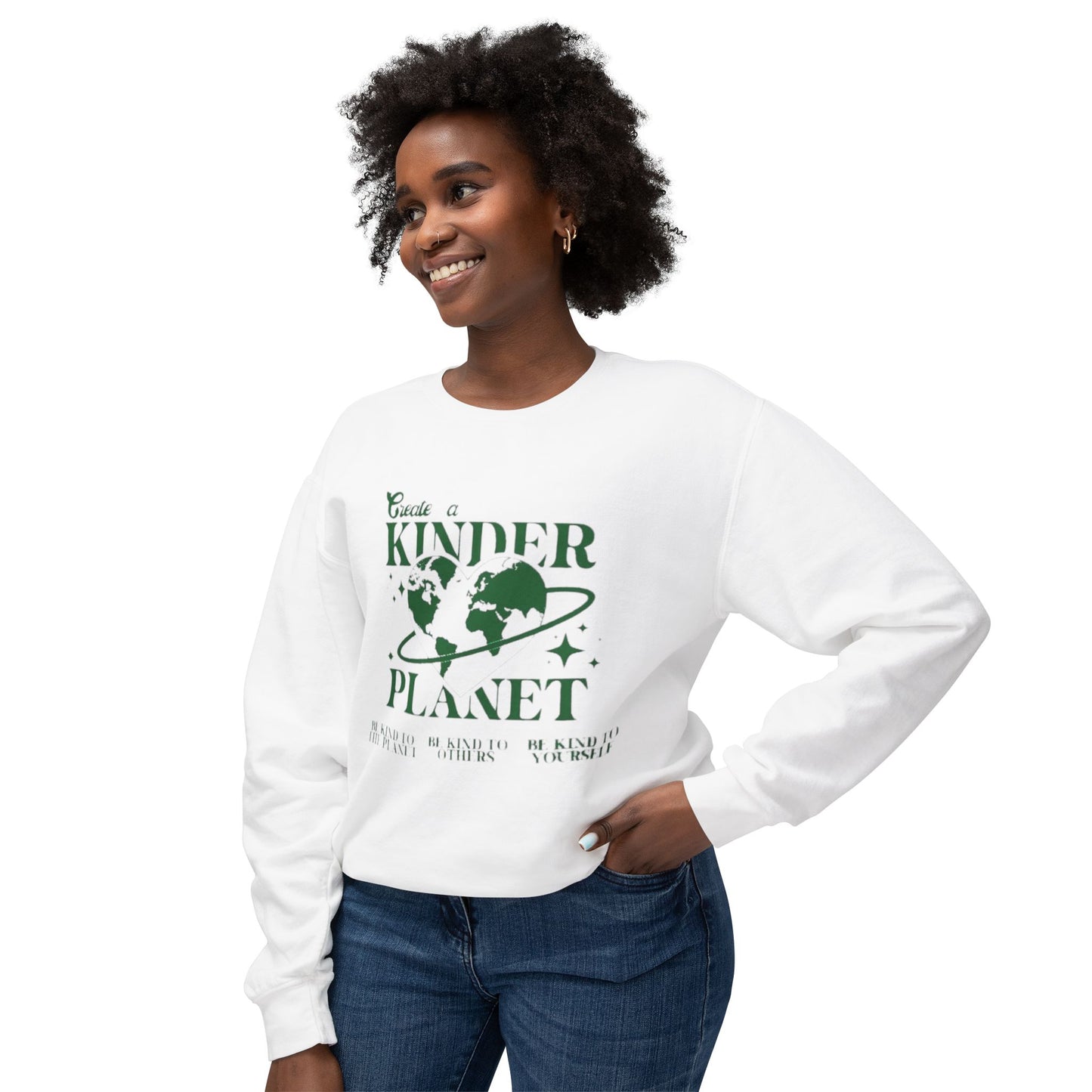 Kinder Planet Crewneck Sweatshirt Eco-Friendly Earth Day Graphic Pullover