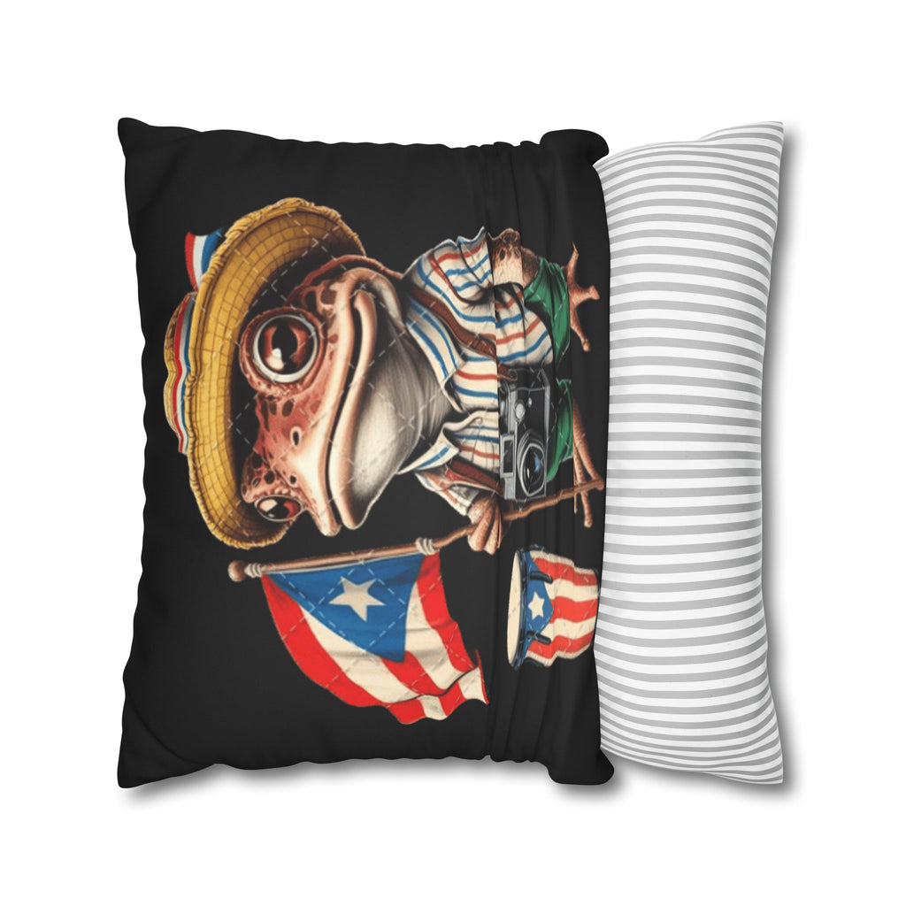 Puerto Rican Flag Frog Faux Suede Pillowcase  Tourist Toad Camera Design Puerto Rico Culture Pillow