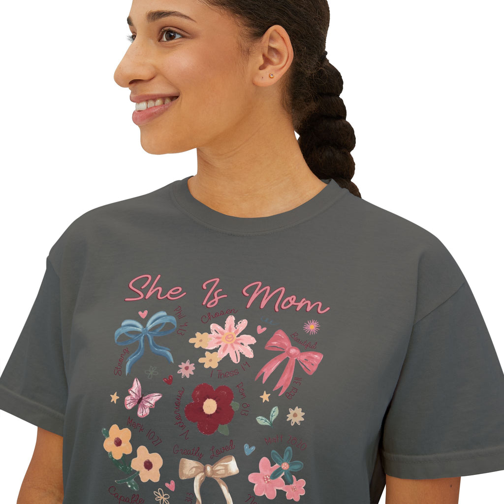She Is Mom Floral Boxy Tee  Cute Mother’s Day Floral Graphic Shirt