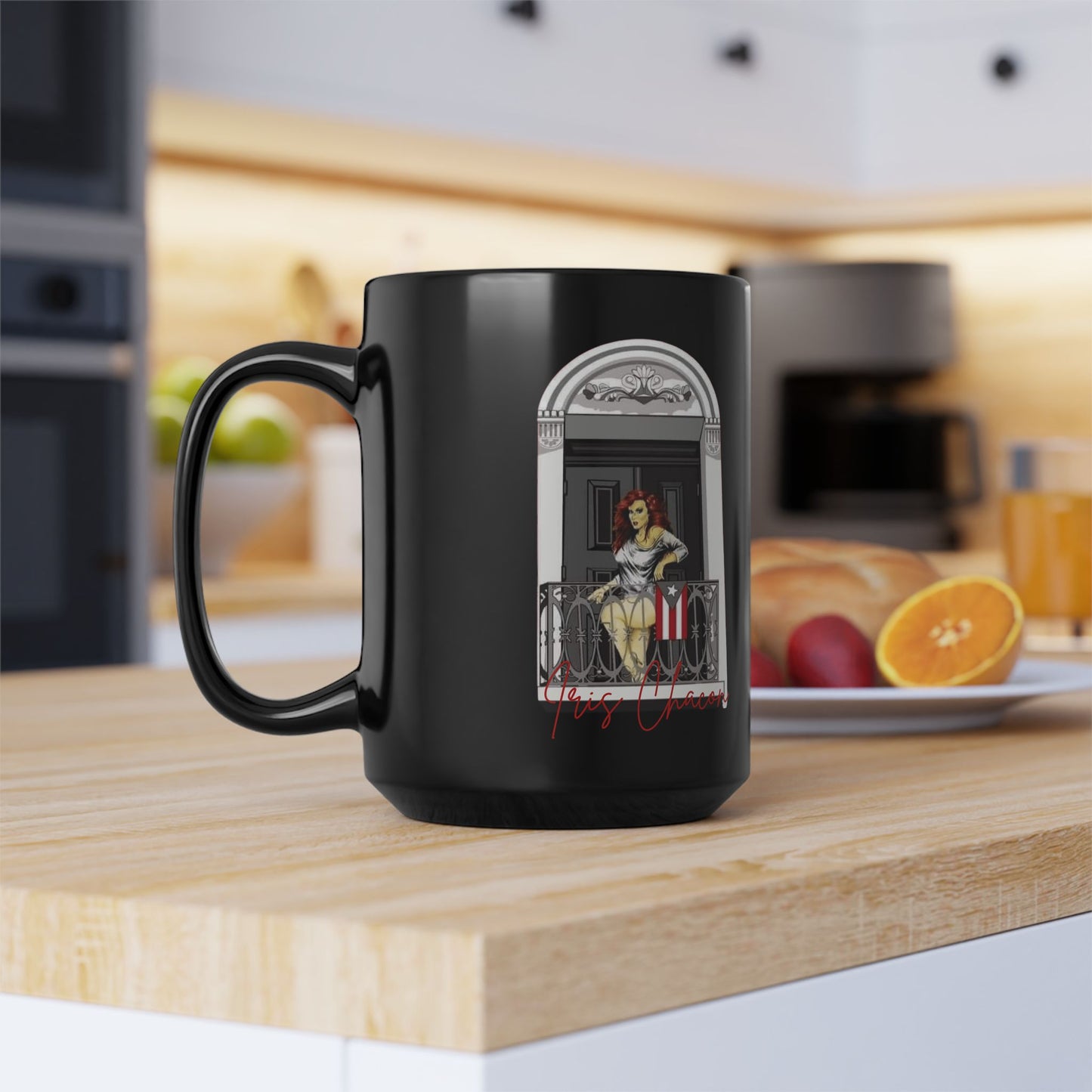 Iris Chacon Orgullo Boricua Chic Women's Coffee Mug, Stylish Black Cup, Gift for Her, Trendy Kitchen Decor, Perfect for Birthdays,