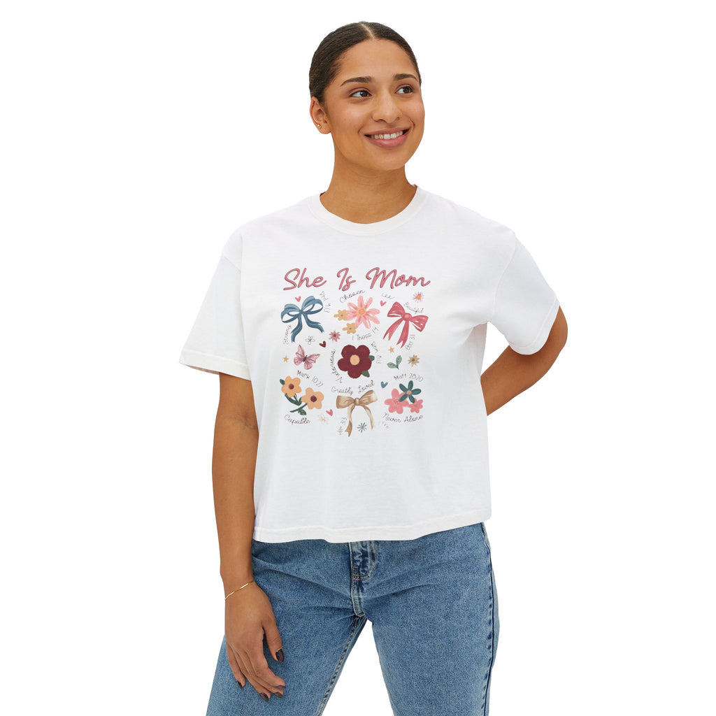 She Is Mom Floral Boxy Tee  Cute Mother’s Day Floral Graphic Shirt