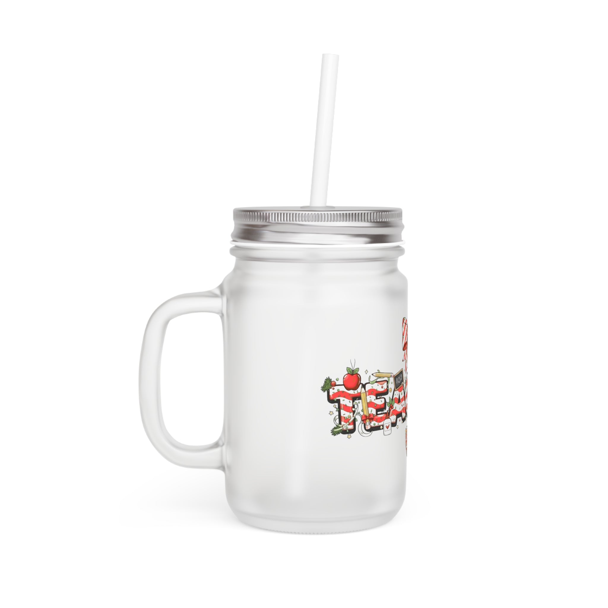 A festive Christmas Jar Tumbler for teachers who inspire hearts and minds all year long Cute Apple & Chalkboard School Design with Straw