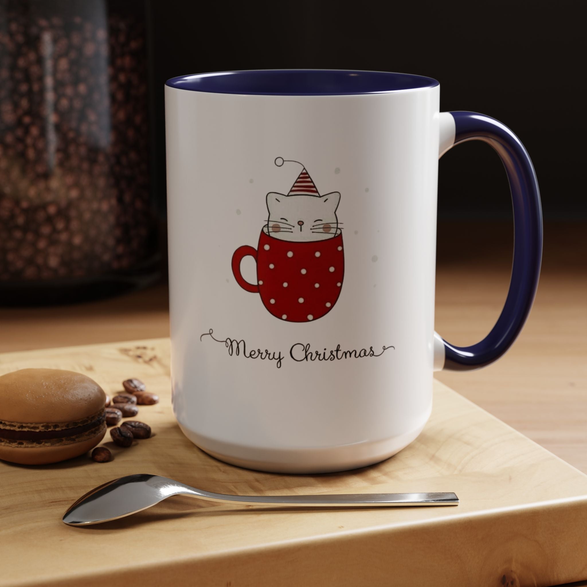 Christmas Cat Accent Mug "Merry Christmas" Polka Dot Holiday Coffee Cup Christmas Mugs Collection!