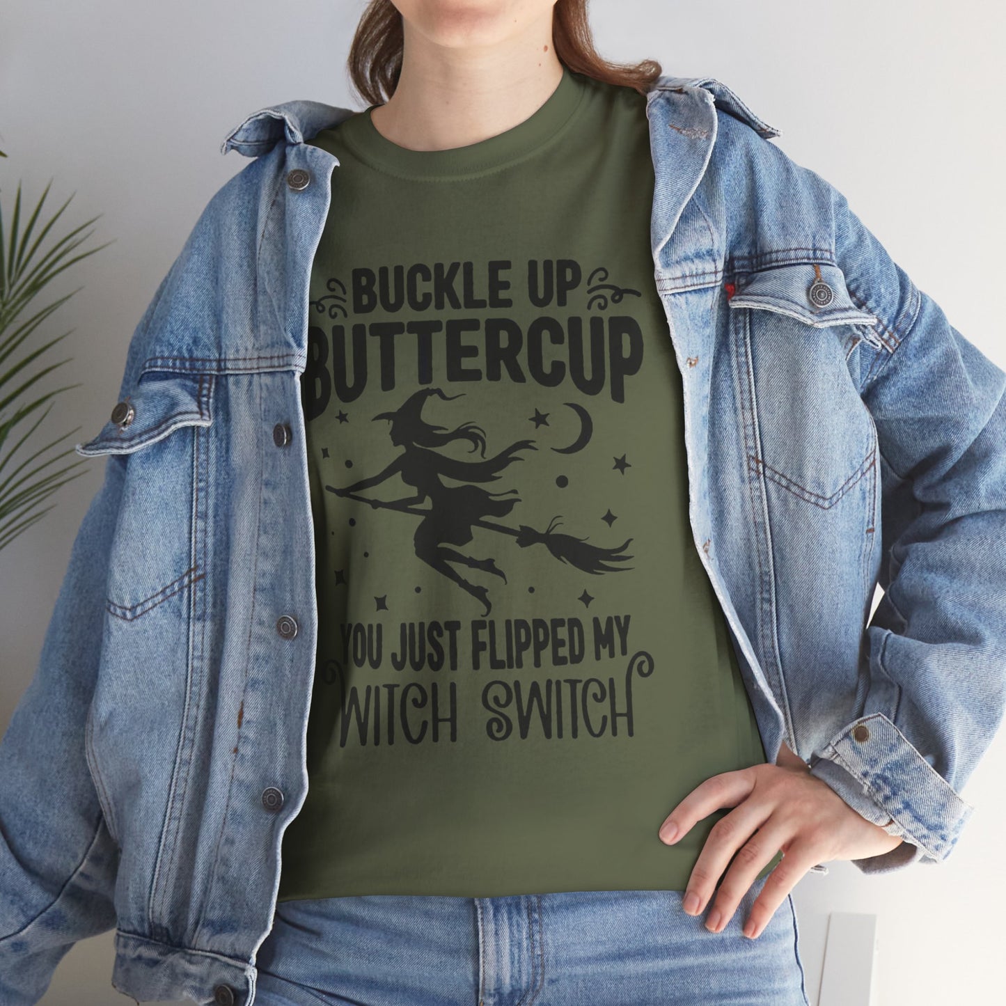 Witchy Humor Tee - Buckle Up Buttercup, Unisex Heavy Cotton Tee, Halloween Shirt, Casual Wear, Gift for Her, Funny T-Shirt