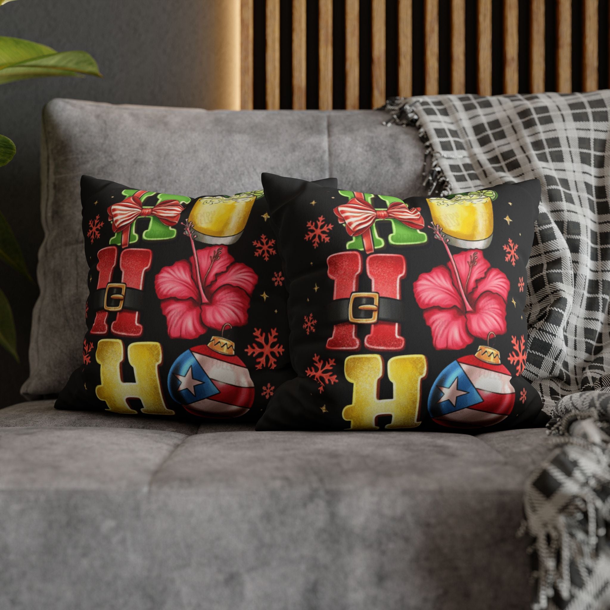 Holiday HOHO Pillow Cover  Puerto Rico Ornament, Hibiscus & Coquito Christmas Throw Pillowcase