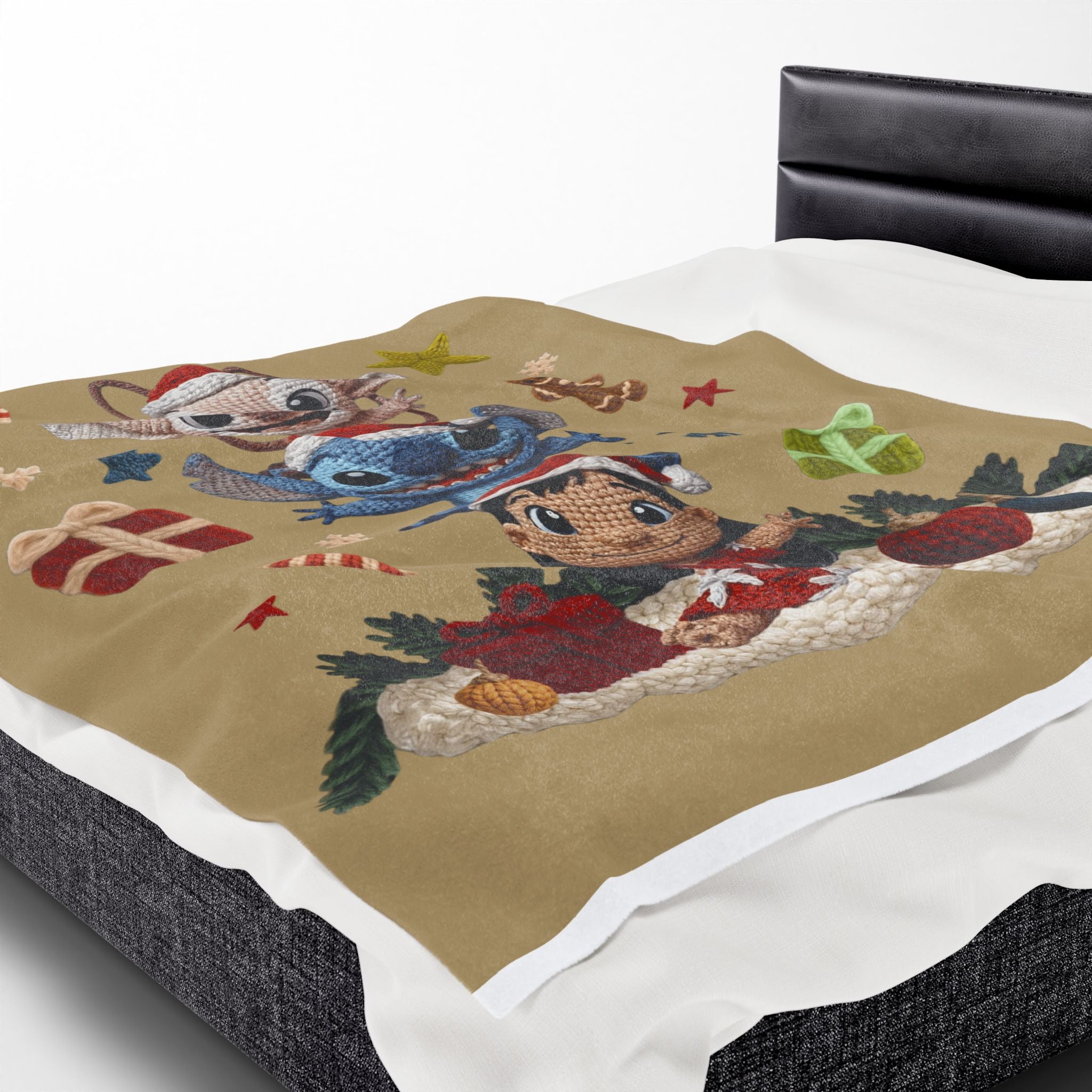 Winter Wonderland Cartoon Fleece Blanket Holiday Character Stack Velveteen Blanket Cute Christmas Stitch, Elf & Reindeer Plush Design