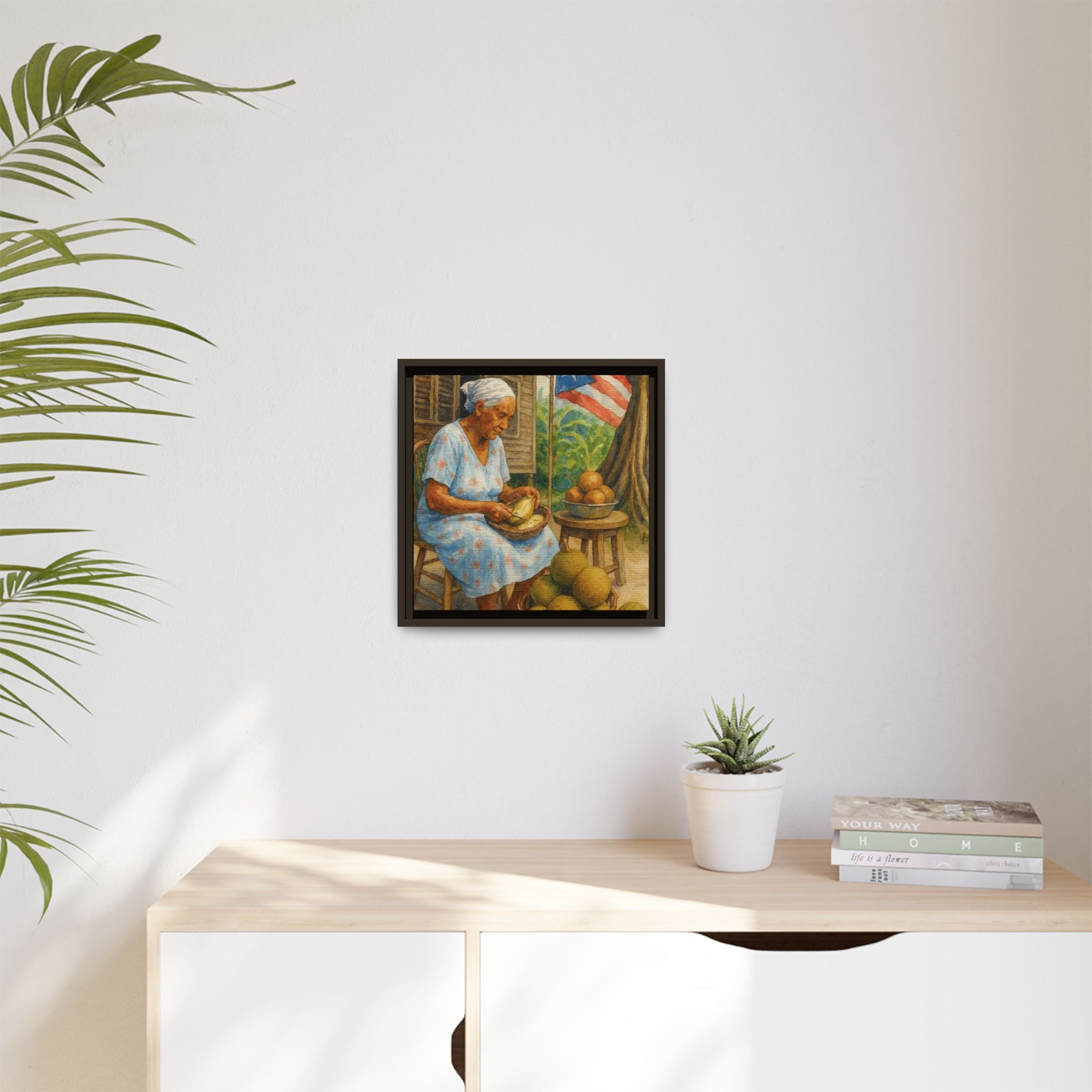 Cultural & Story-Driven These Puerto Rico inspired  Framed Matte Canvas Print  Woman Shelling Fruit Vintage Tropical Painting