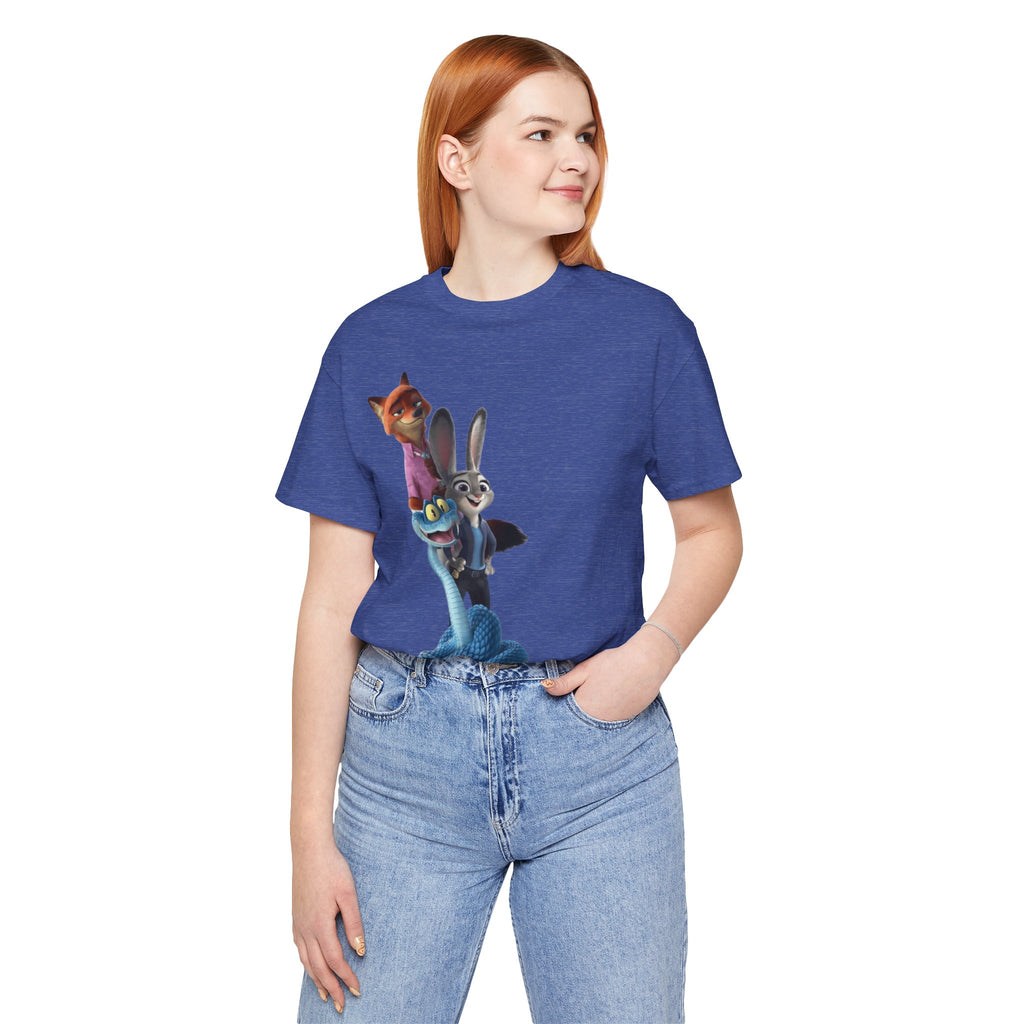 Animated Character Tee — Cute Fox & Bunny Stack Graphic T-Shirt  cartoon-style Christmas artwork