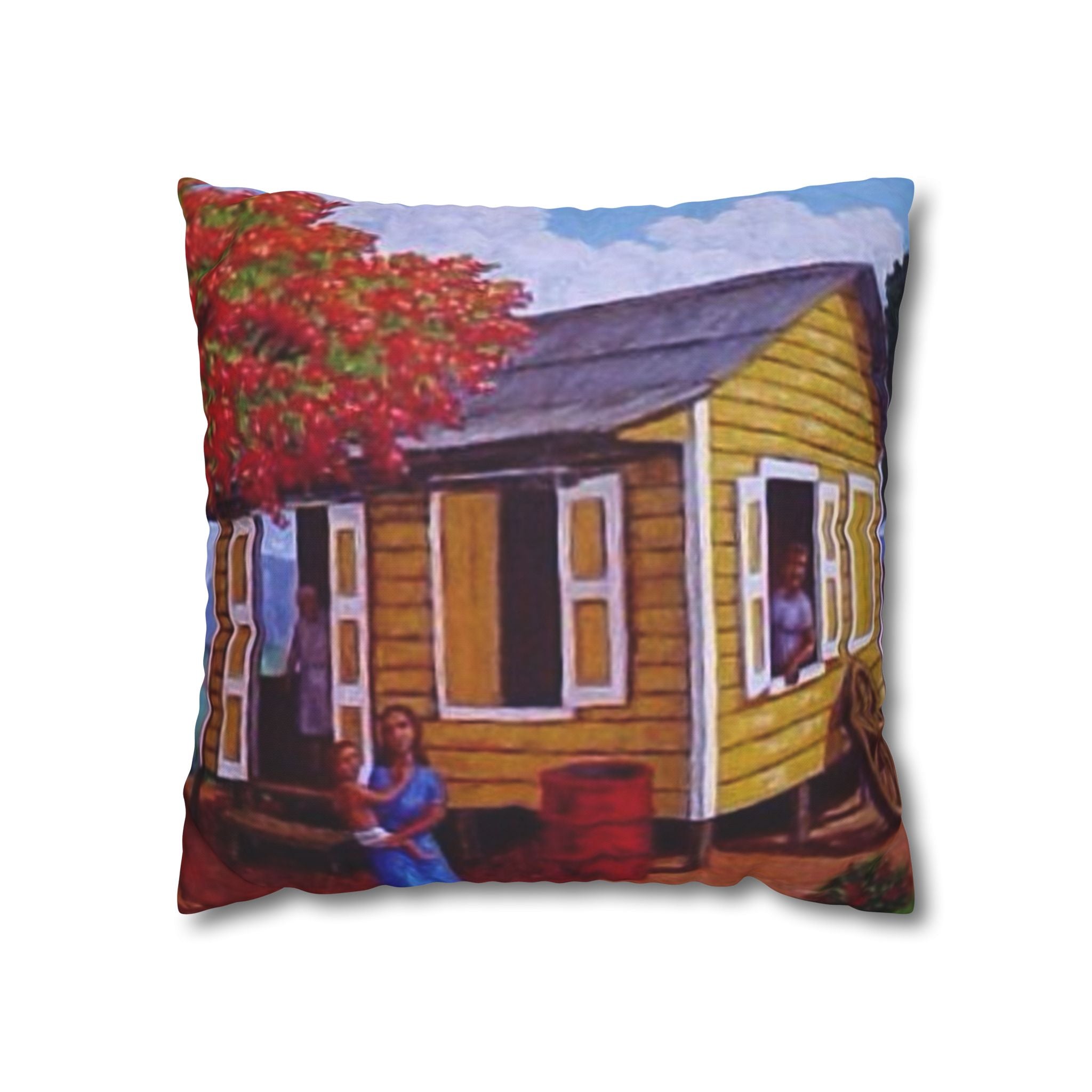 Puerto Rico Culture Pillow Cozy Cottage Canvas Pillow  Yellow House Decorative Throw Pillowcase