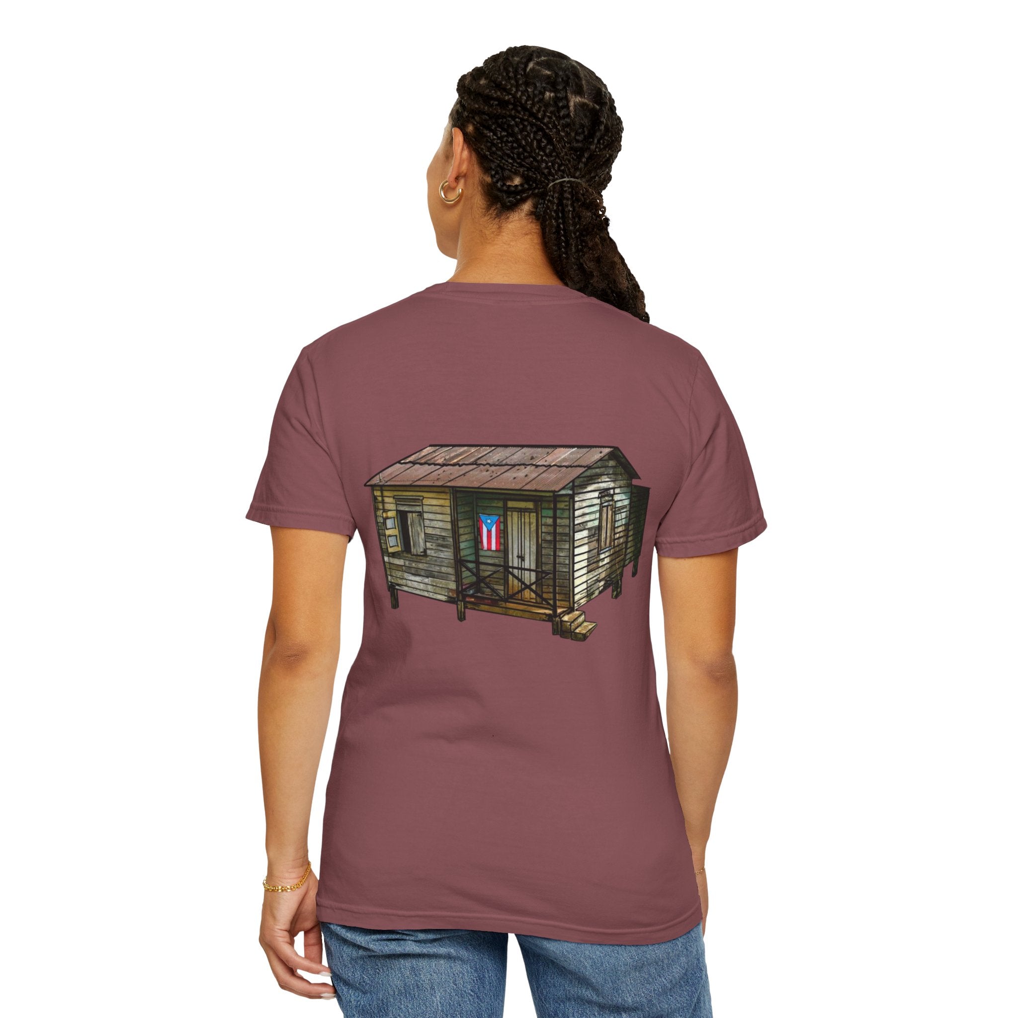 Puerto Rican Batey Cabin T-Shirt  Three Masks & Rustic House Graphic Tee Puerto Rico Navidades