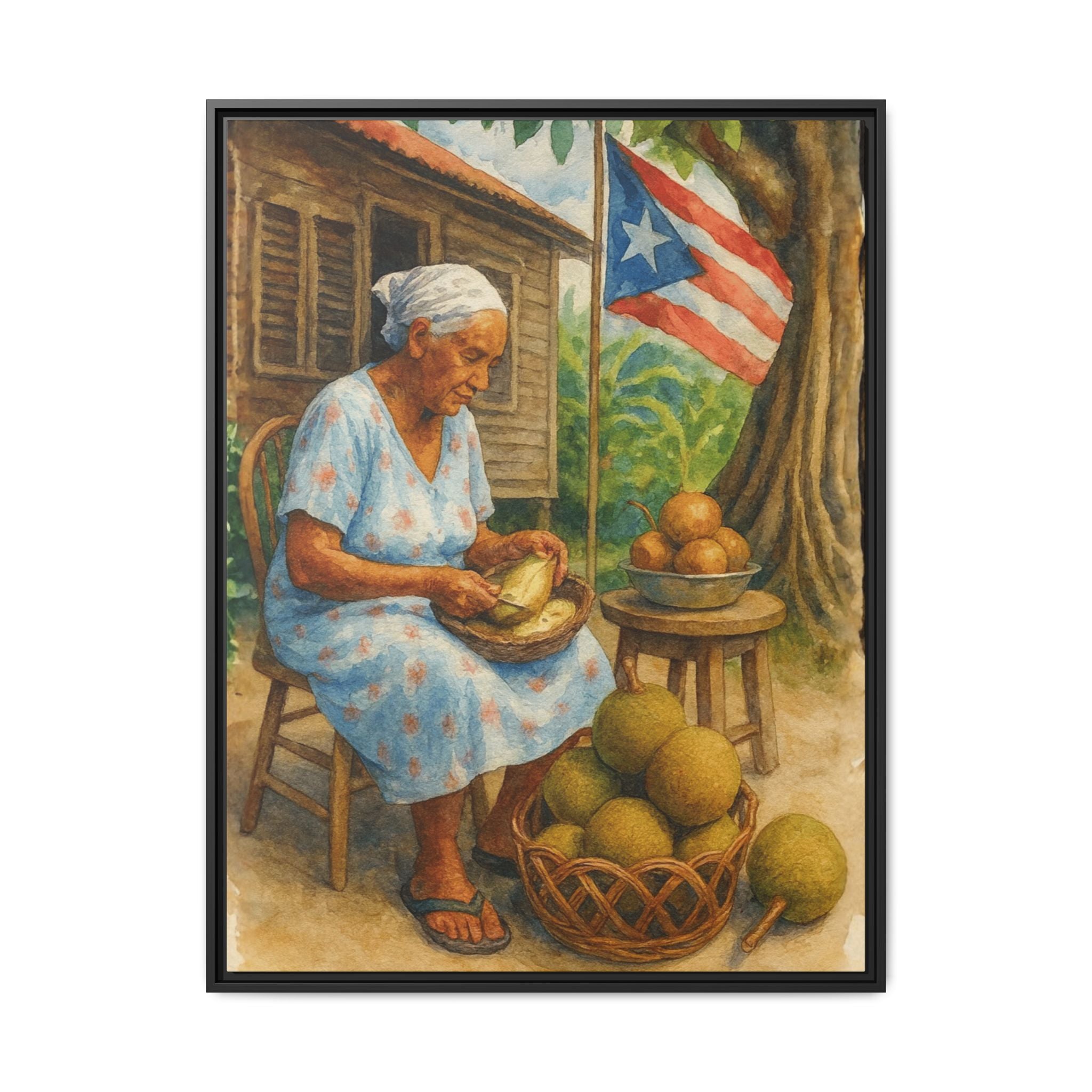 Cultural & Story-Driven These Puerto Rico inspired  Framed Matte Canvas Print  Woman Shelling Fruit Vintage Tropical Painting