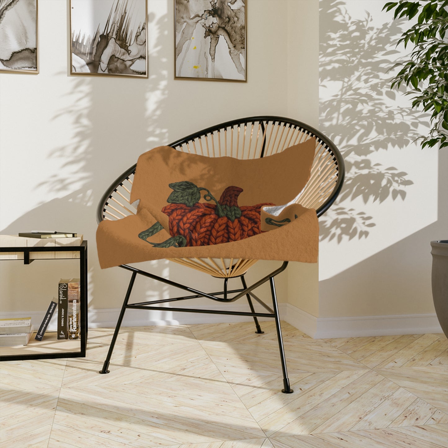 Holiday Christmas Blanket, Thankful Knit Pumpkin Velveteen Blanket