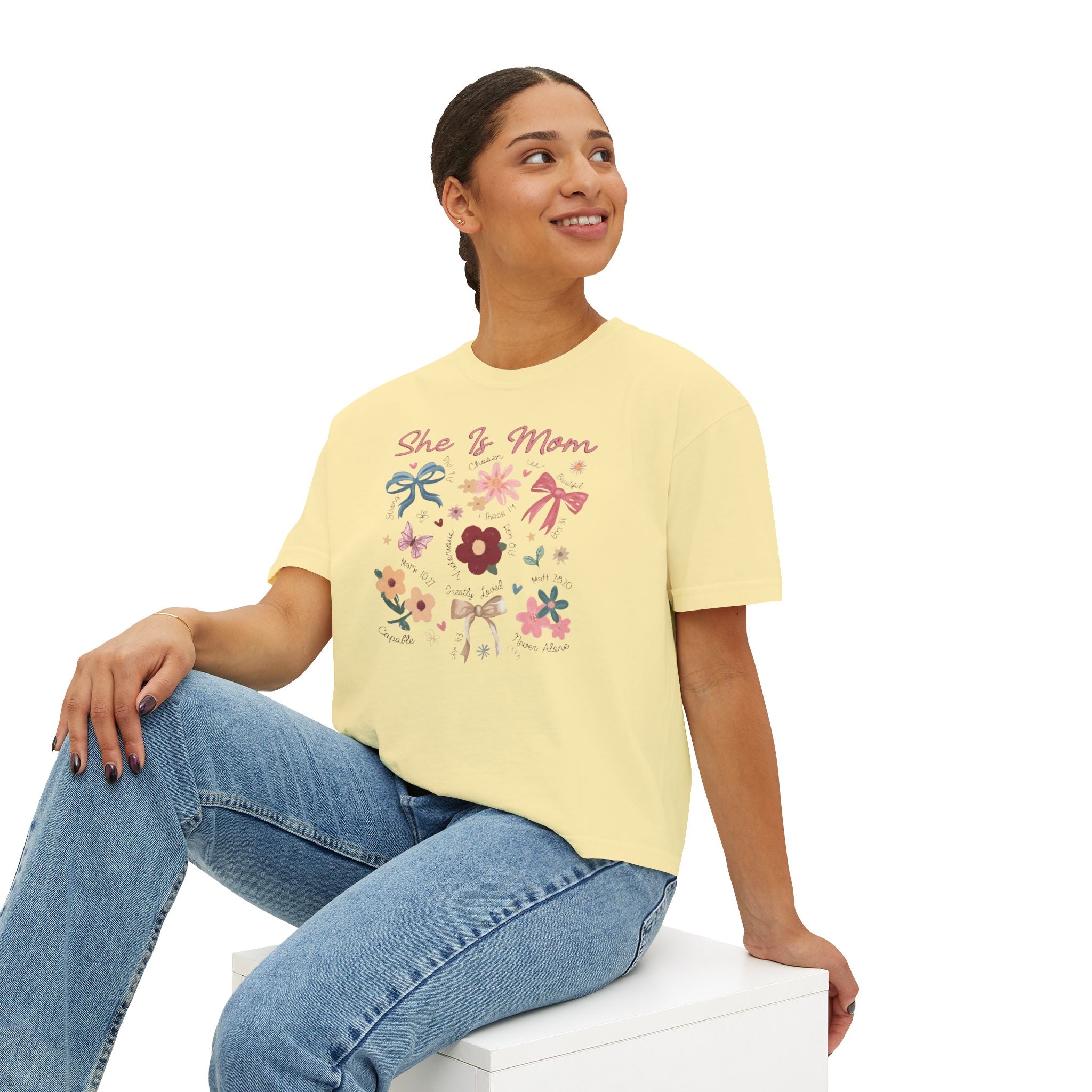 She Is Mom Floral Boxy Tee  Cute Mother’s Day Floral Graphic Shirt