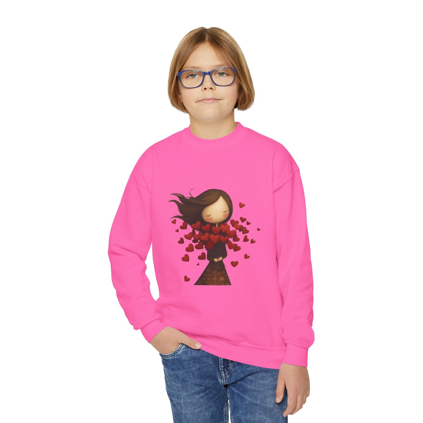 Youth Sweatshirt  Cute Girl with Heart Shower "Love Bug" Crewneck