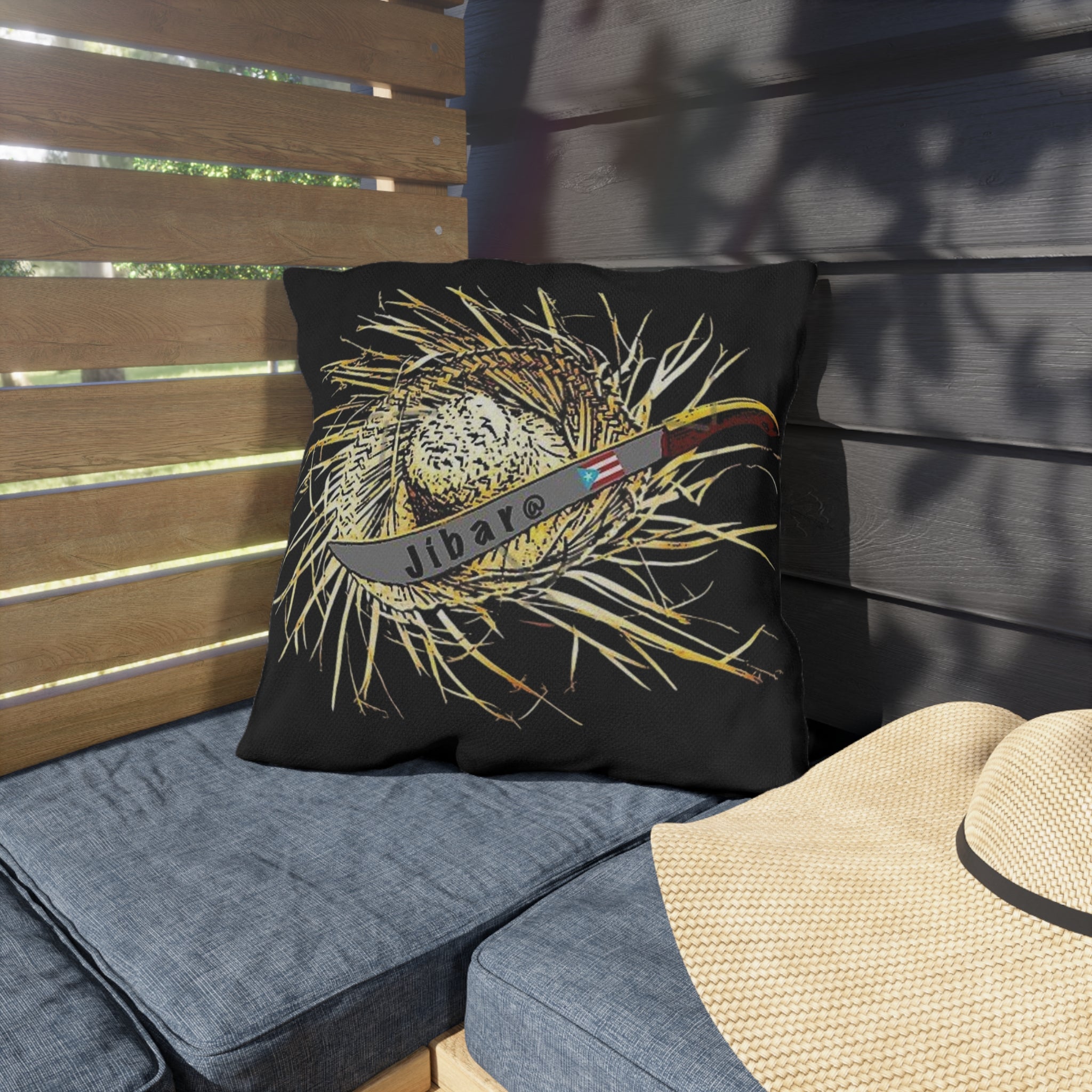 Puerto Rico Culture Pillow Outdoor Pillow – Rustic Straw Hat & Machete Design (Jibaro)
