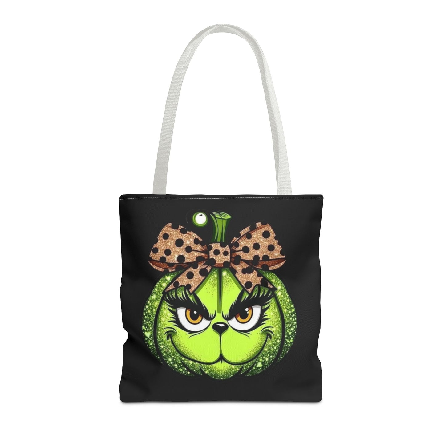 Grinch-Inspired Tote Bag with Polka Dot Bow Christmas Tote Bag Festive Holiday Design