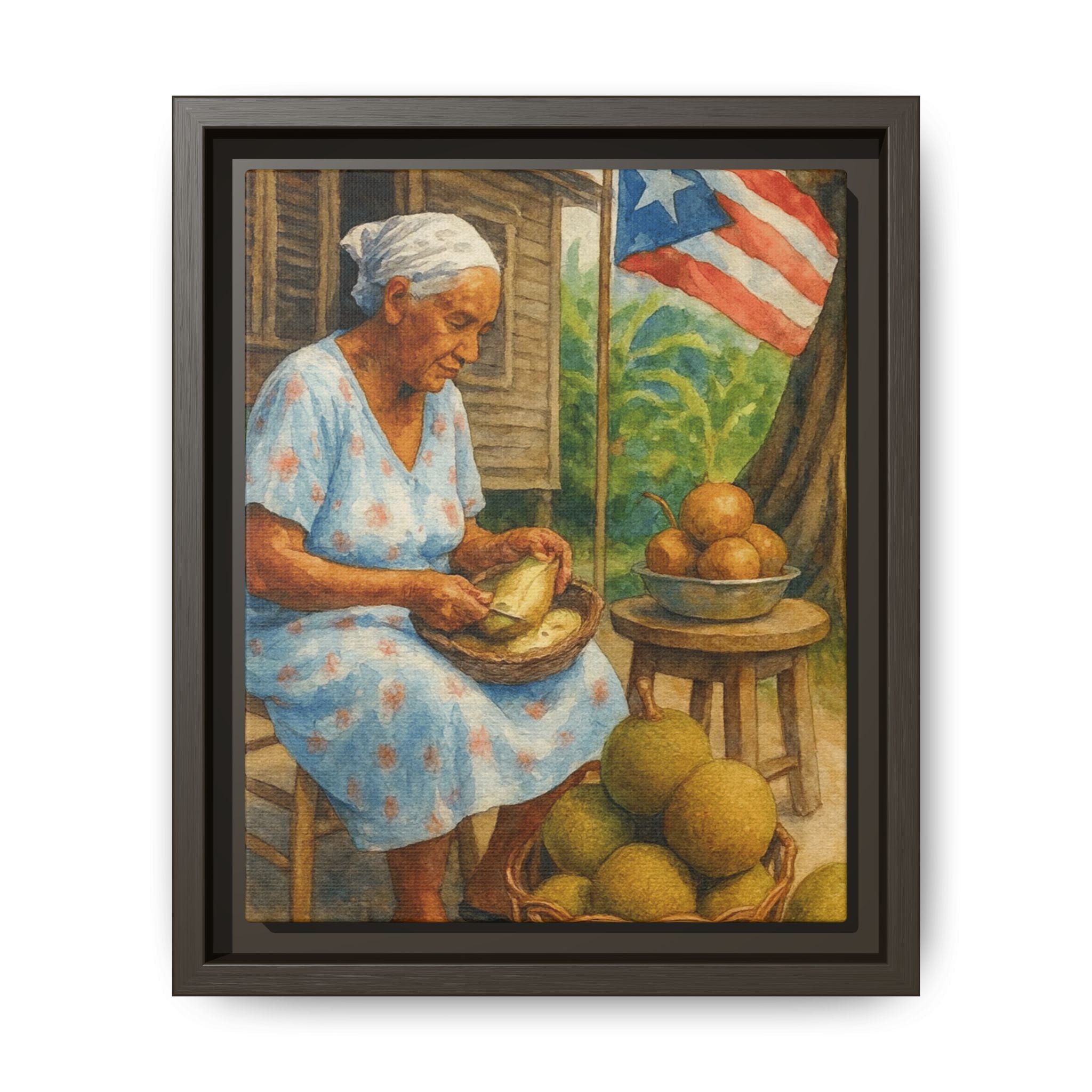 Cultural & Story-Driven These Puerto Rico inspired  Framed Matte Canvas Print  Woman Shelling Fruit Vintage Tropical Painting