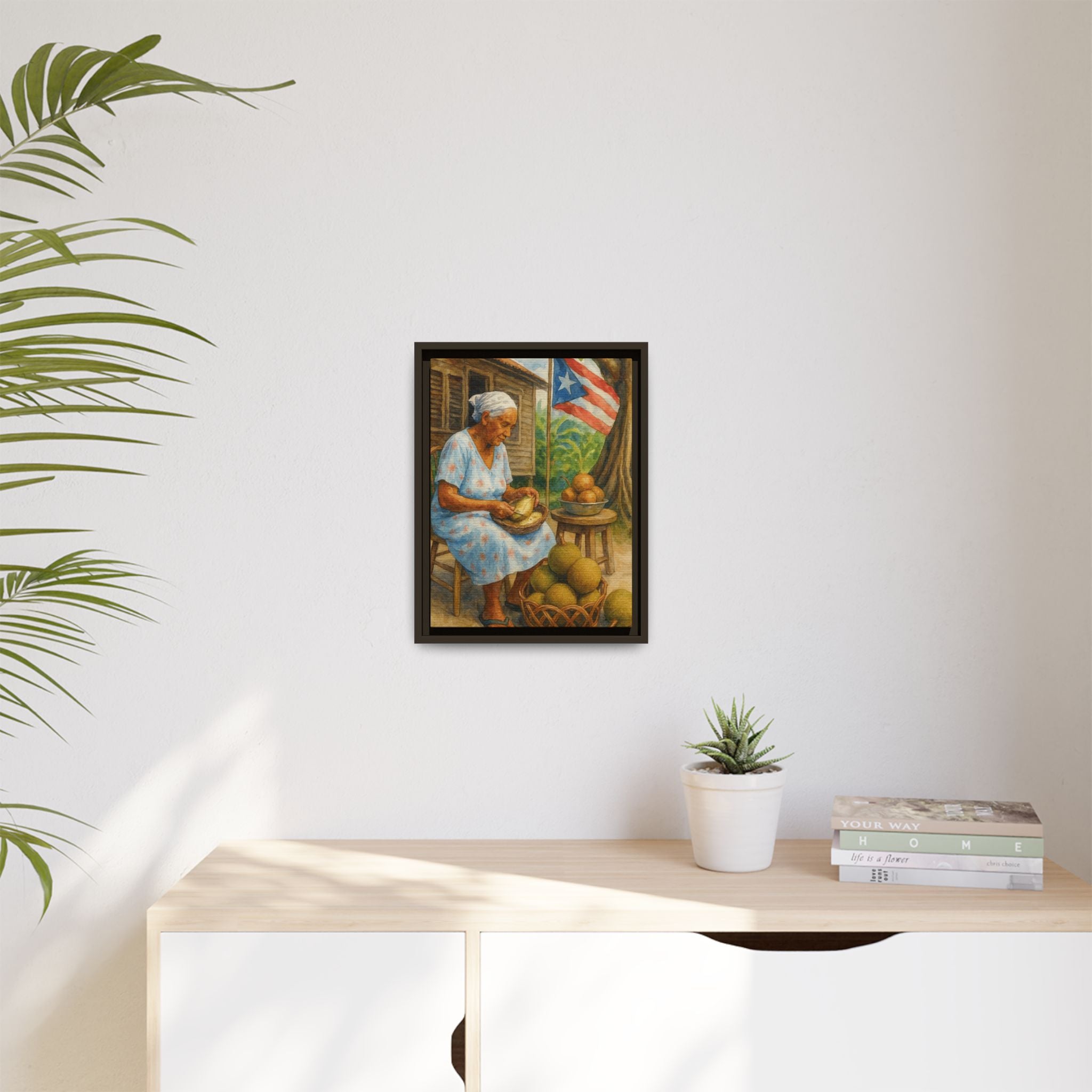 Cultural & Story-Driven These Puerto Rico inspired  Framed Matte Canvas Print  Woman Shelling Fruit Vintage Tropical Painting