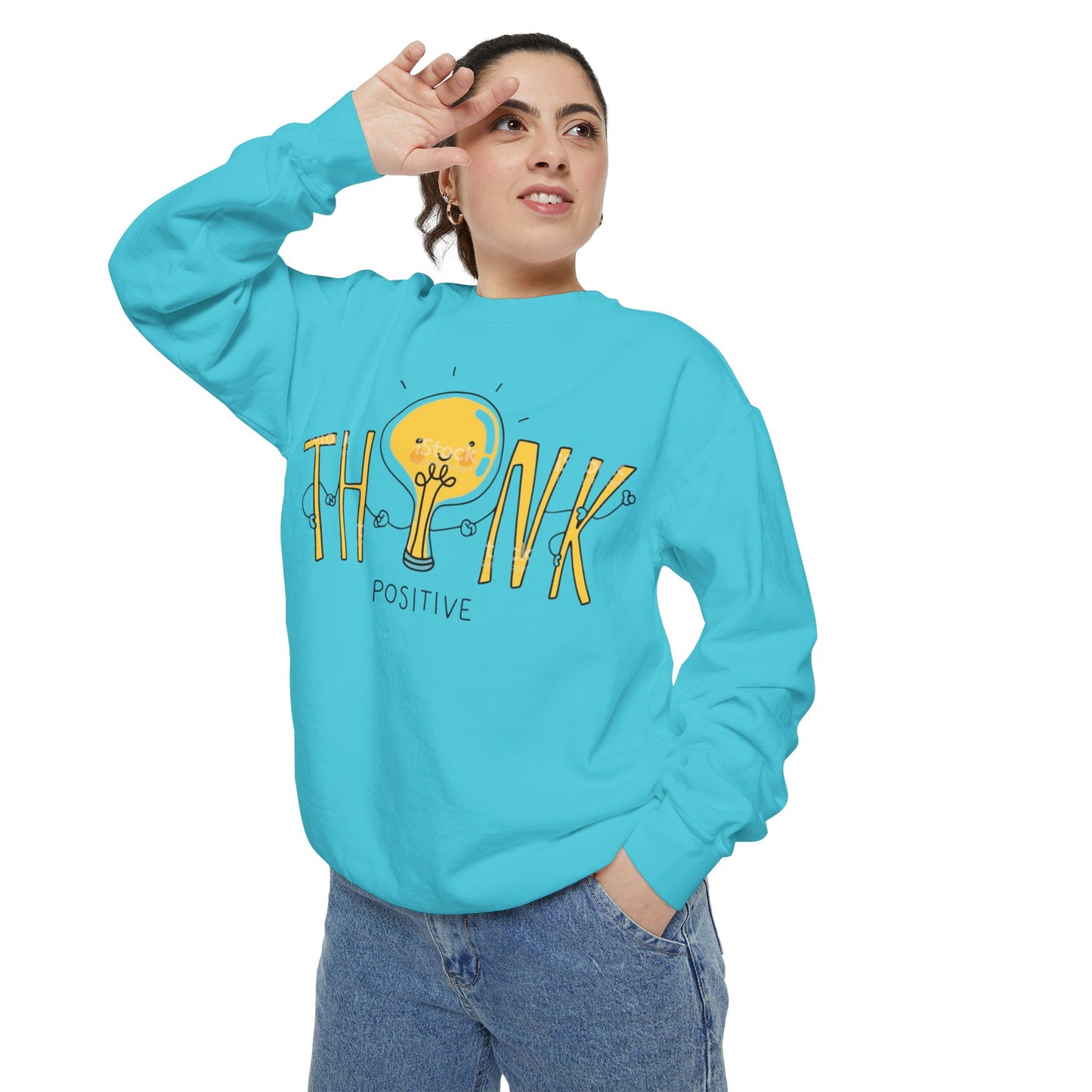 Think Positive Sweatshirt  Cute Lightbulb Graphic Positive Vibes Crewneck