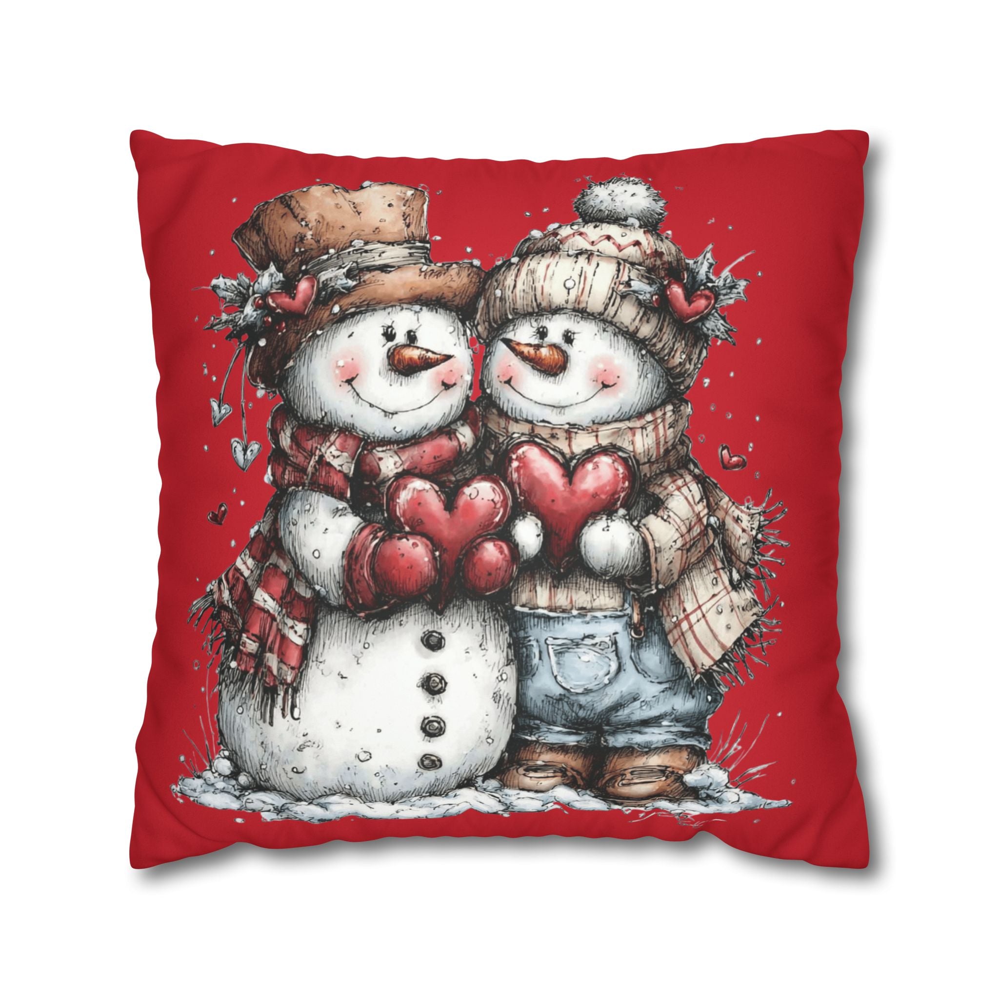 Christmas Snowman Couple Faux Suede Pillowcase CHRISTMAS PILLOW DÉCOR