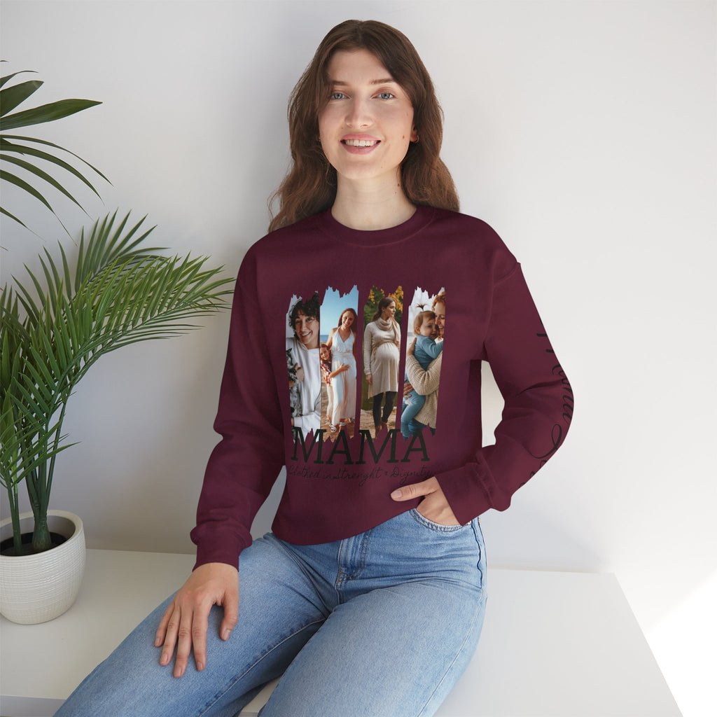 Mama Photo Collage Sweatshirt — "MAMA: clothed in strength & dignity" Sleeve Script