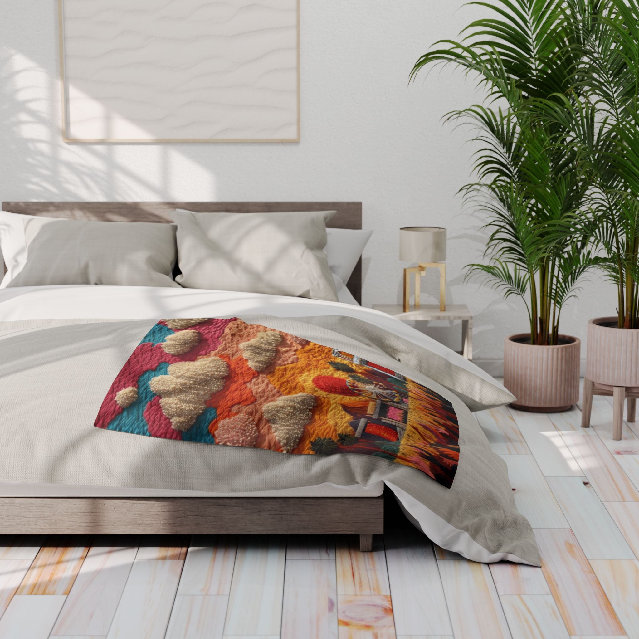Festival Scene Fleece Blanket — Colorful Sunset Carnival Throw
