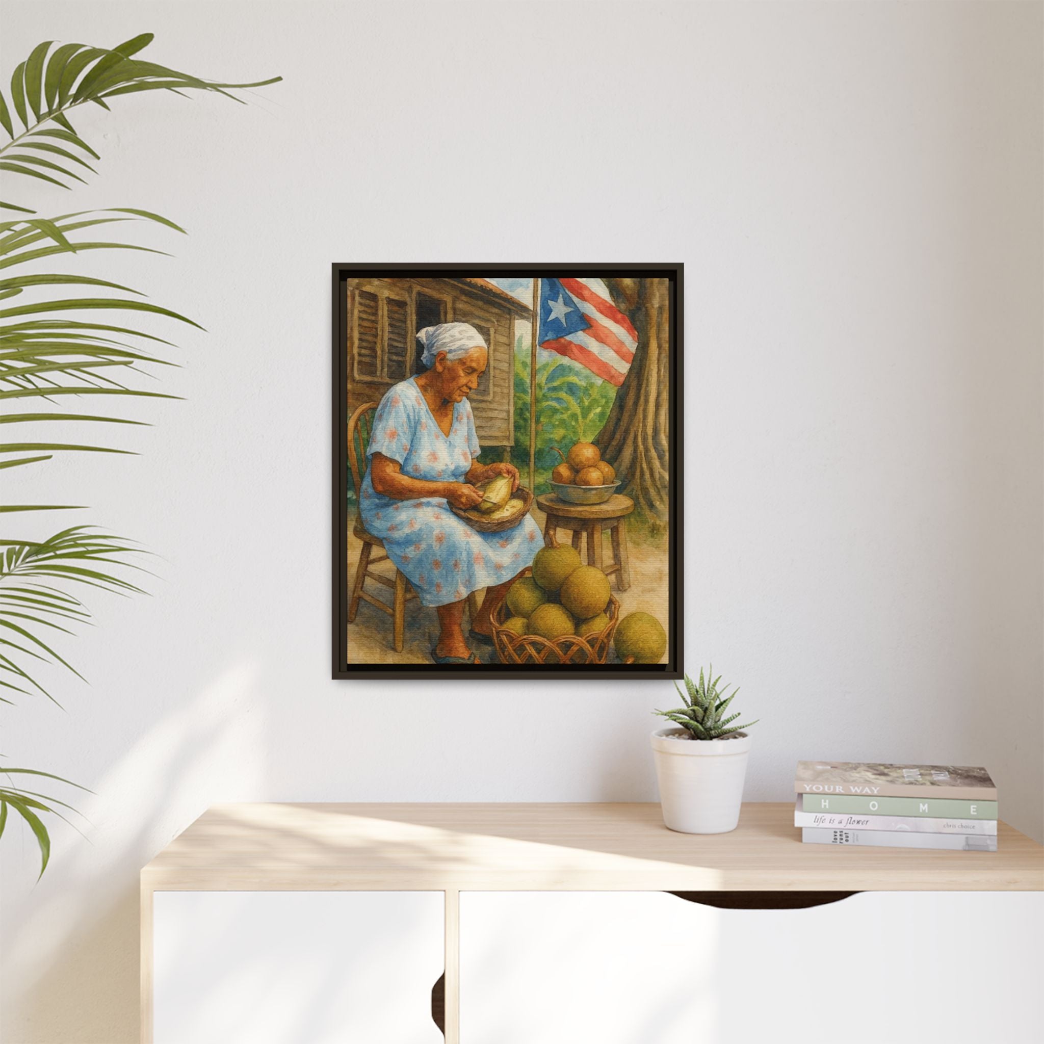 Cultural & Story-Driven These Puerto Rico inspired  Framed Matte Canvas Print  Woman Shelling Fruit Vintage Tropical Painting