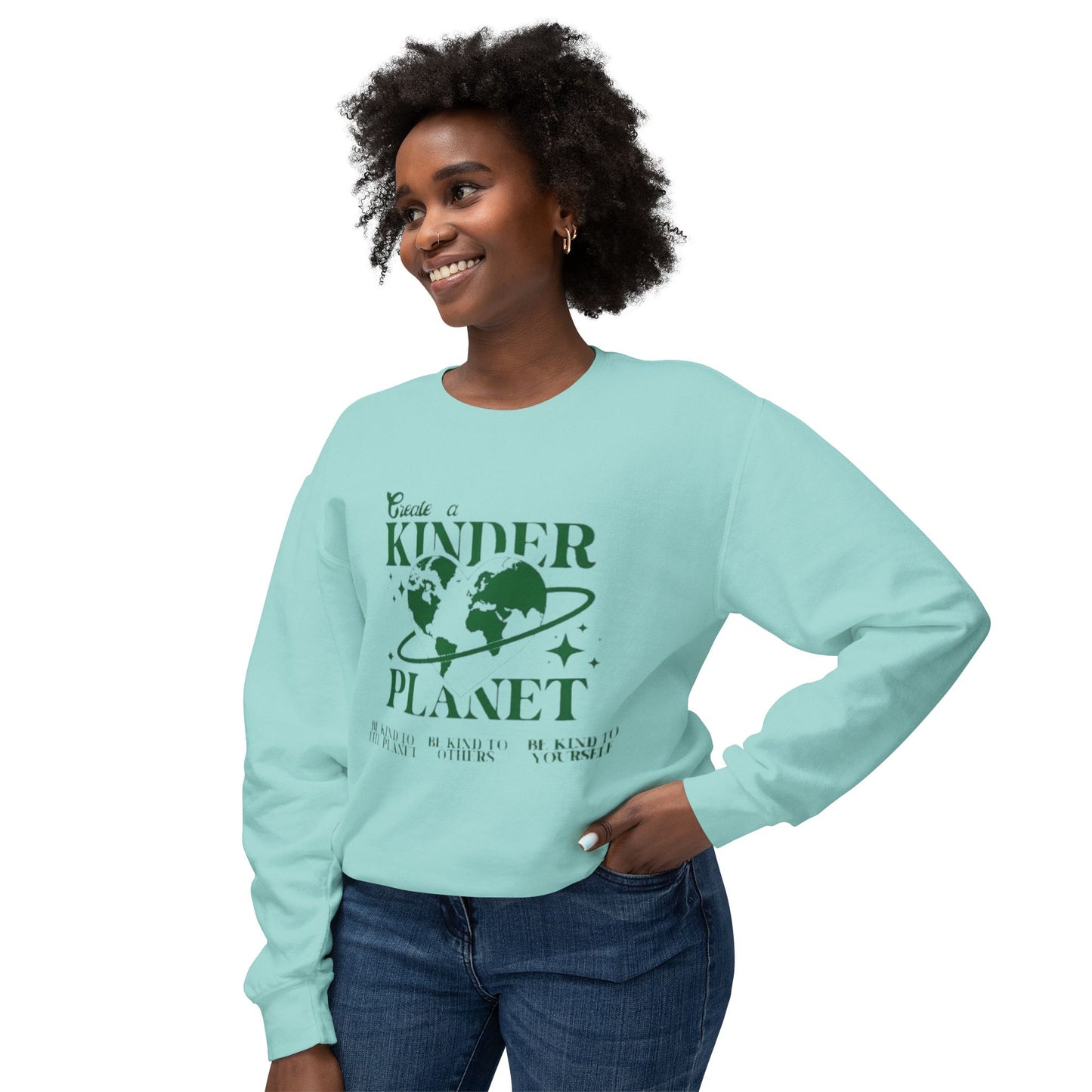 Kinder Planet Crewneck Sweatshirt Eco-Friendly Earth Day Graphic Pullover
