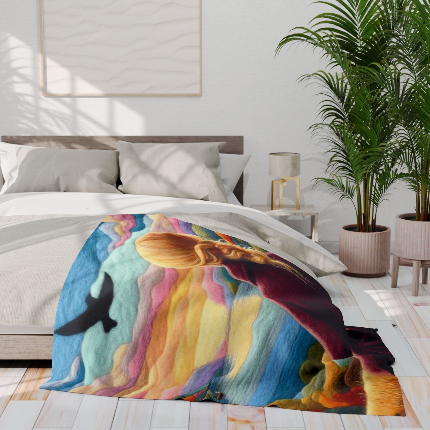 Scenic Girl Fleece Blanket — Cozy Sunset Landscape Throw