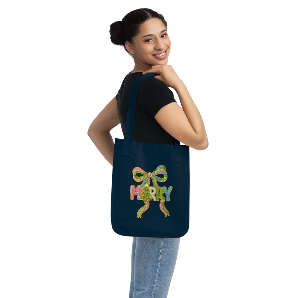 Tote Bag 'Merry' Ribbon Christmas Canvas Tote Organic Holiday Market Bag Christmas gift tote