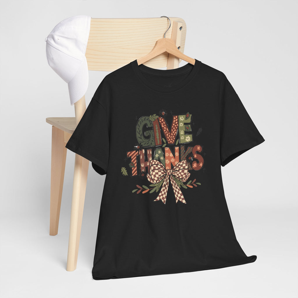 Give Thanks Tee Thanksgiving Graphic T-Shirt with Rustic Bow Design