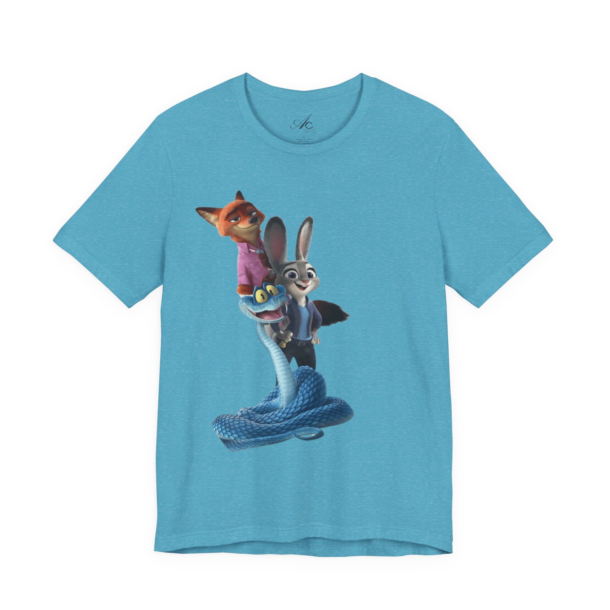 Animated Character Tee — Cute Fox & Bunny Stack Graphic T-Shirt  cartoon-style Christmas artwork