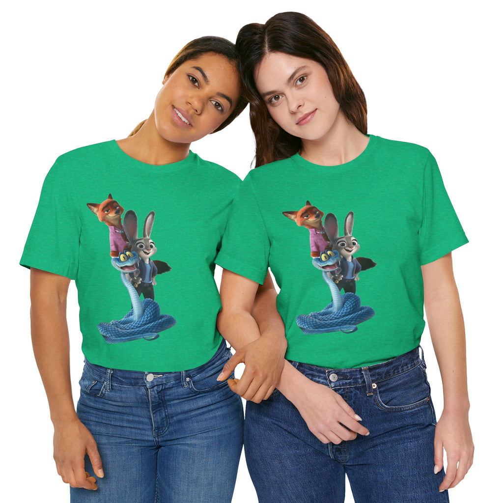 Animated Character Tee — Cute Fox & Bunny Stack Graphic T-Shirt  cartoon-style Christmas artwork
