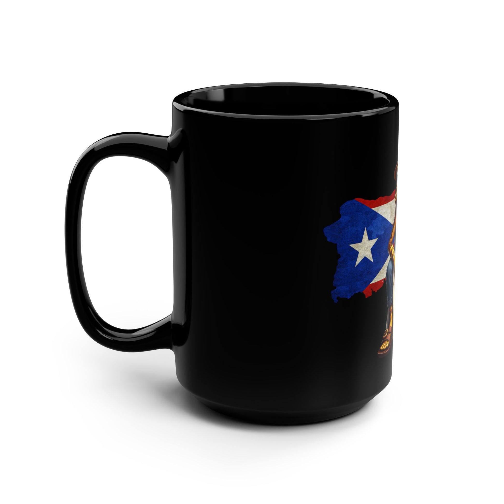 Puerto Rico black coffee mug with Coquí frog and El Morro design
Boricua ceramic 15oz mug with Puerto Rican flag and tropical flowers
glossy black cultural mug with C-shaped handle