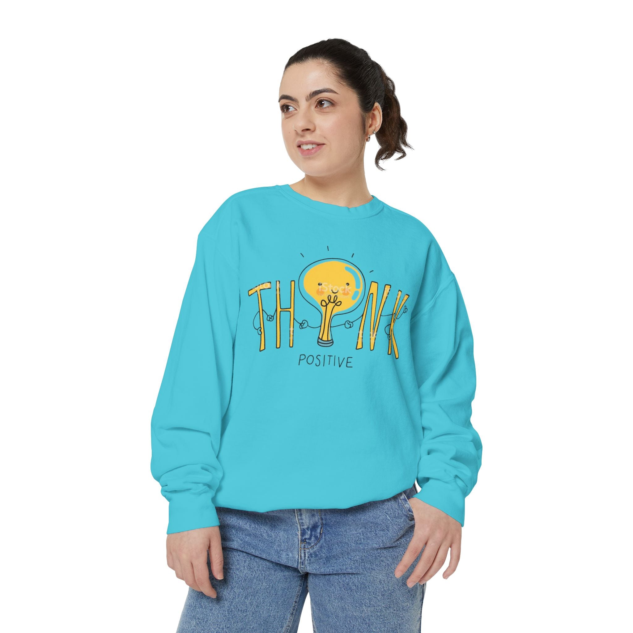 Think Positive Sweatshirt  Cute Lightbulb Graphic Positive Vibes Crewneck