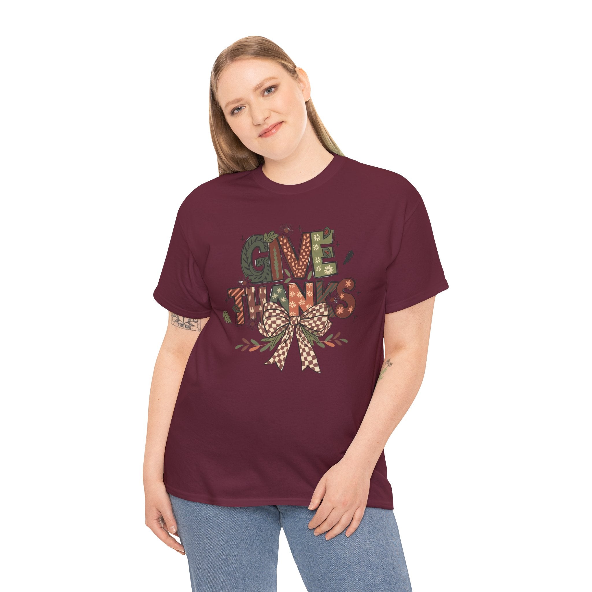 Give Thanks Tee Thanksgiving Graphic T-Shirt with Rustic Bow Design