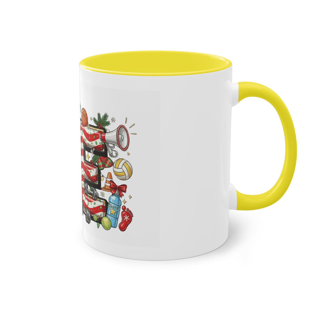 Holiday Sports Mom Coffee Mug Festive 'PE' Candy-Stripe Design, 11oz Two-Tone School Staff Christmas Mug Collection,