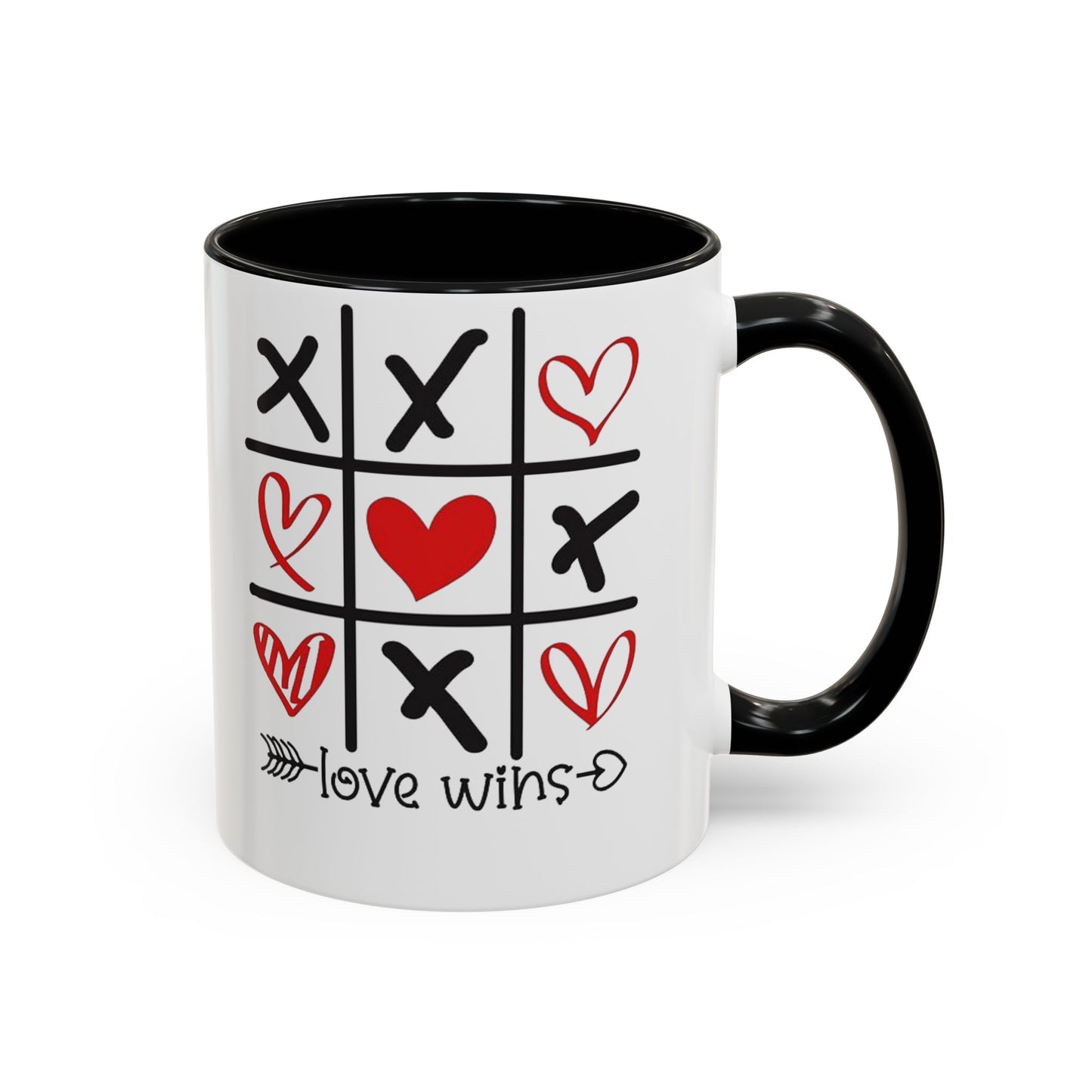 Love Wins Tic-Tac-Toe Heart Accent Coffee Mug — Romantic Valentine 11/15oz